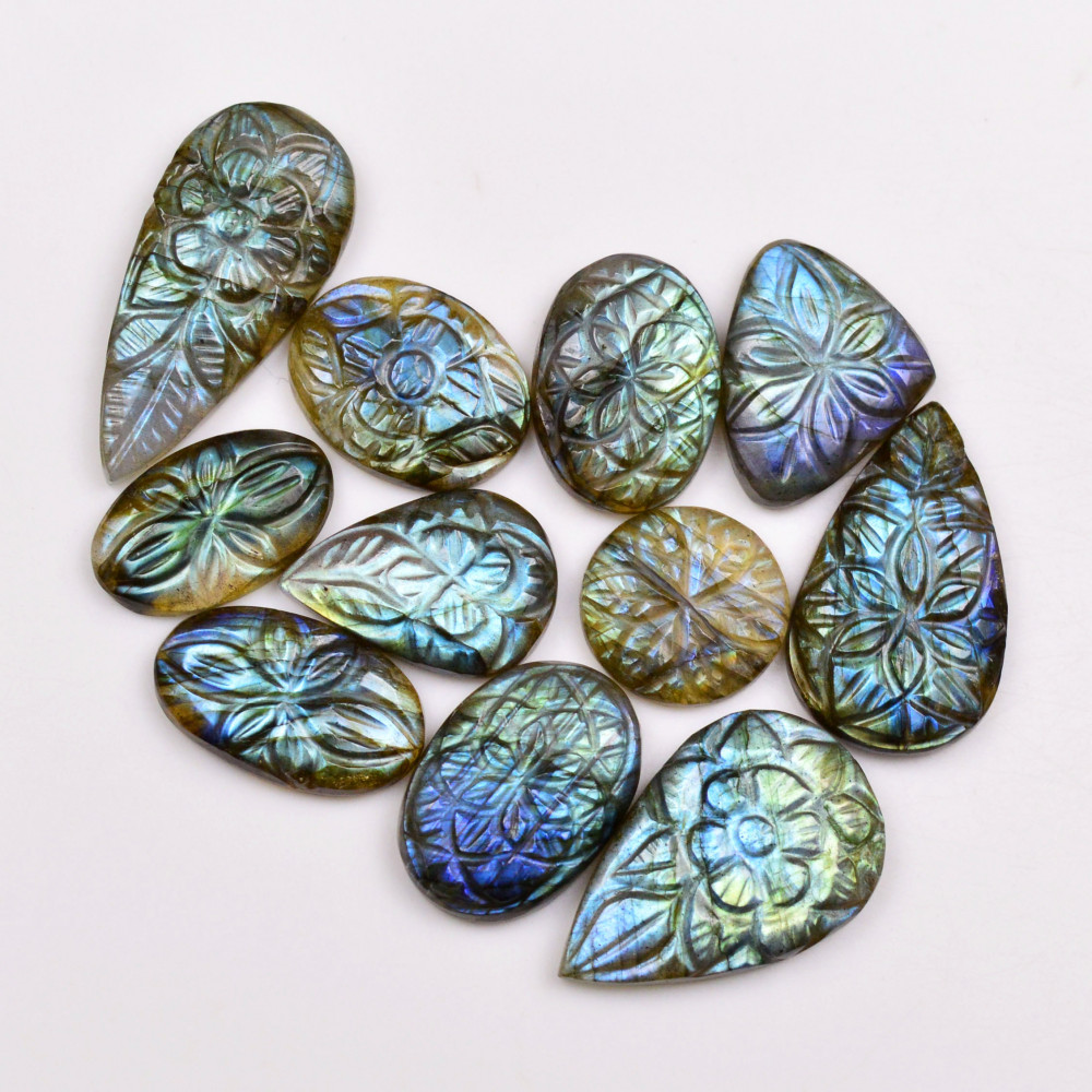 Image of 11 Pcs 142 Cts  Natural Labradorite Mughal Carving Cabachon Lot For Jewelry Making 32x14 15x15mm #19930