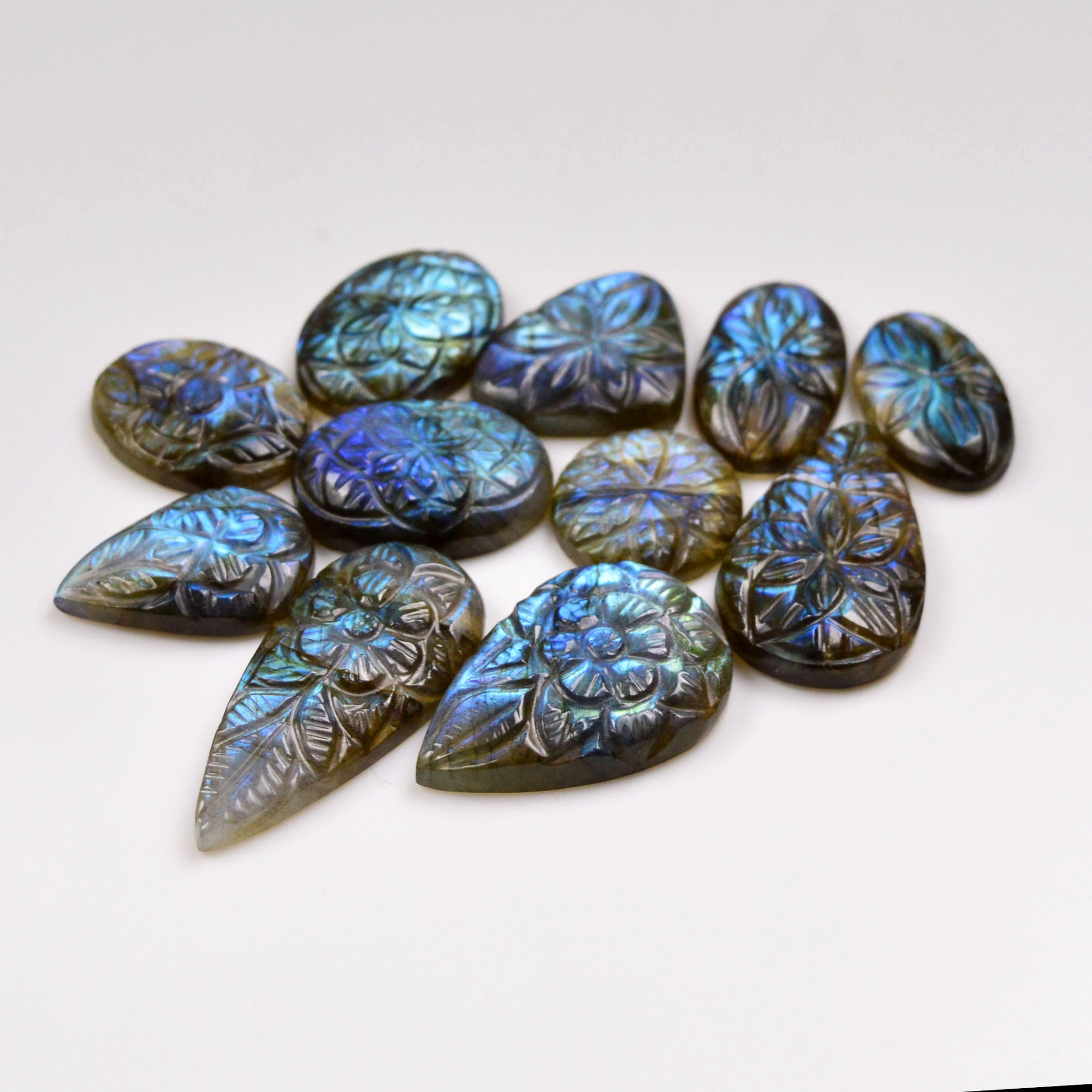 11 Pcs 142 Cts Natural Labradorite Mughal Carving Cabachon Lot For Jewelry Making 32x14 15x15mm 19930