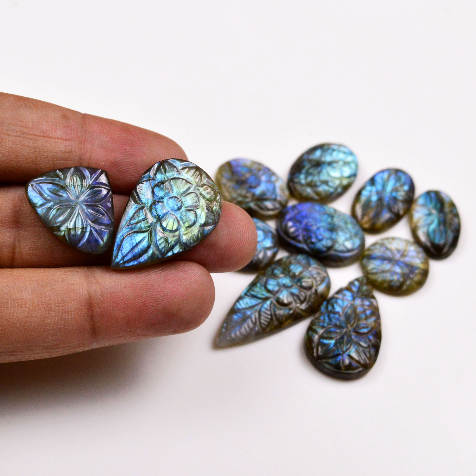 11 Pcs 142 Cts  Natural Labradorite Mughal Carving Cabachon Lot For Jewelry Making 32x14 15x15mm 19930