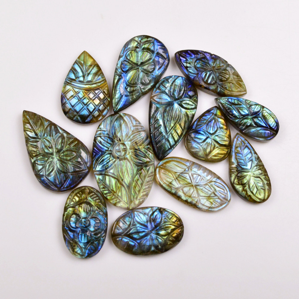 Image of 12 Pcs 161 Cts  Natural Labradorite Mughal Carving Cabachon Lot For Jewelry Making 28x18 16x13mm #19931