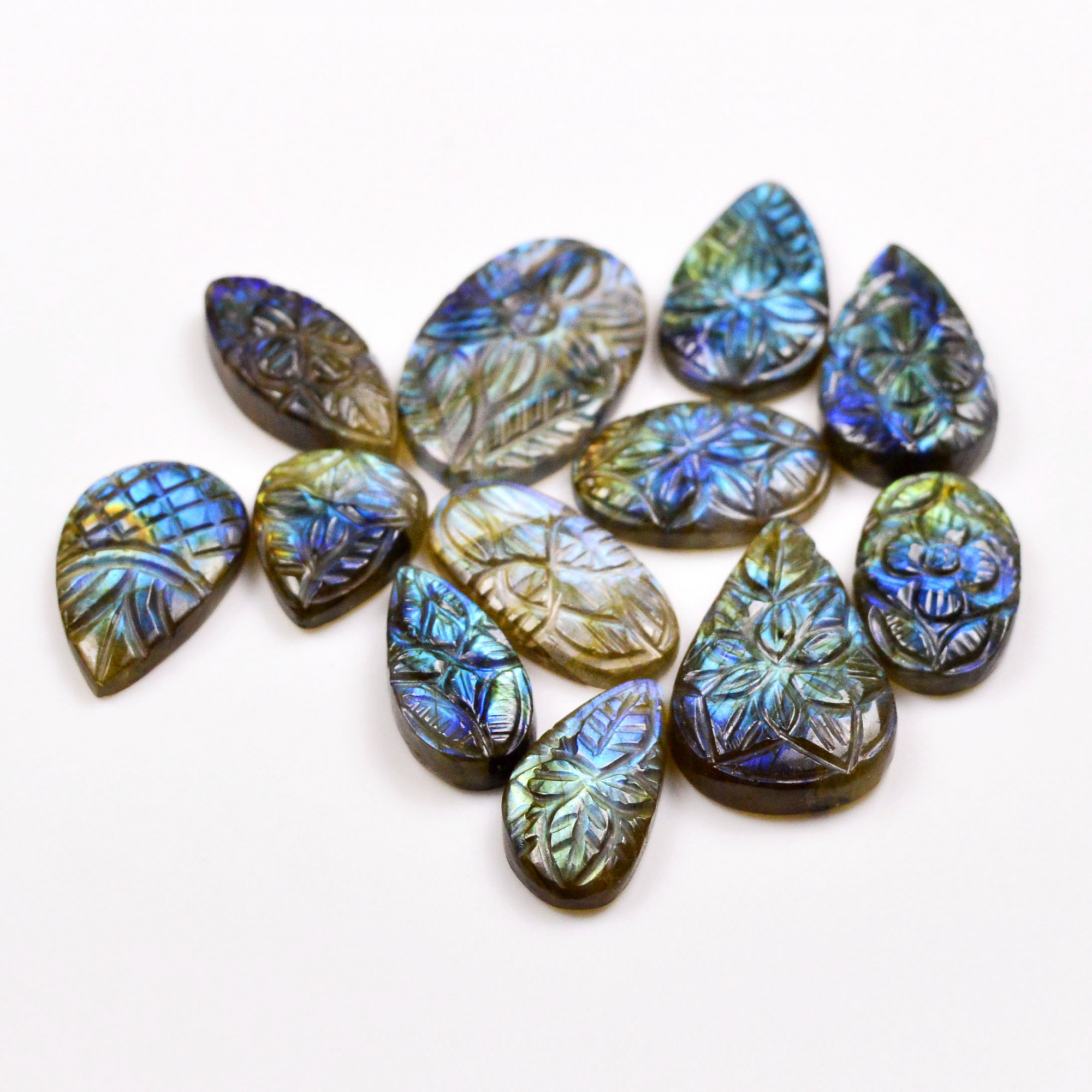 12 Pcs 161 Cts  Natural Labradorite Mughal Carving Cabachon Lot For Jewelry Making 28x18 16x13mm 19931