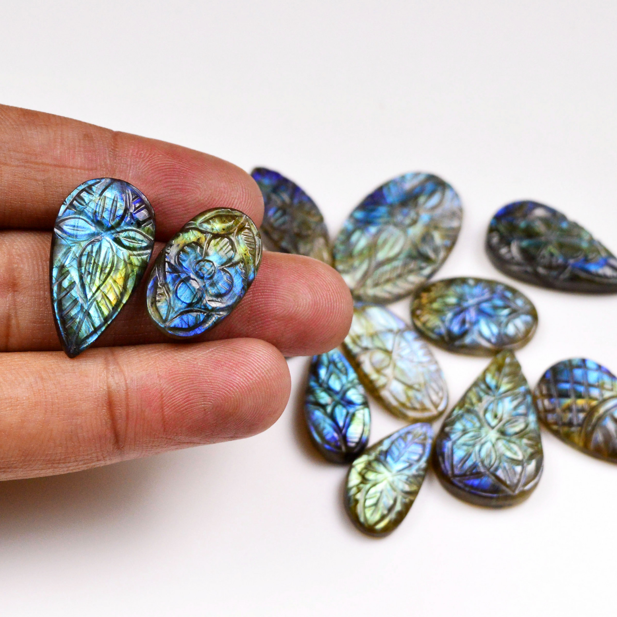 12 Pcs 161 Cts  Natural Labradorite Mughal Carving Cabachon Lot For Jewelry Making 28x18 16x13mm 19931