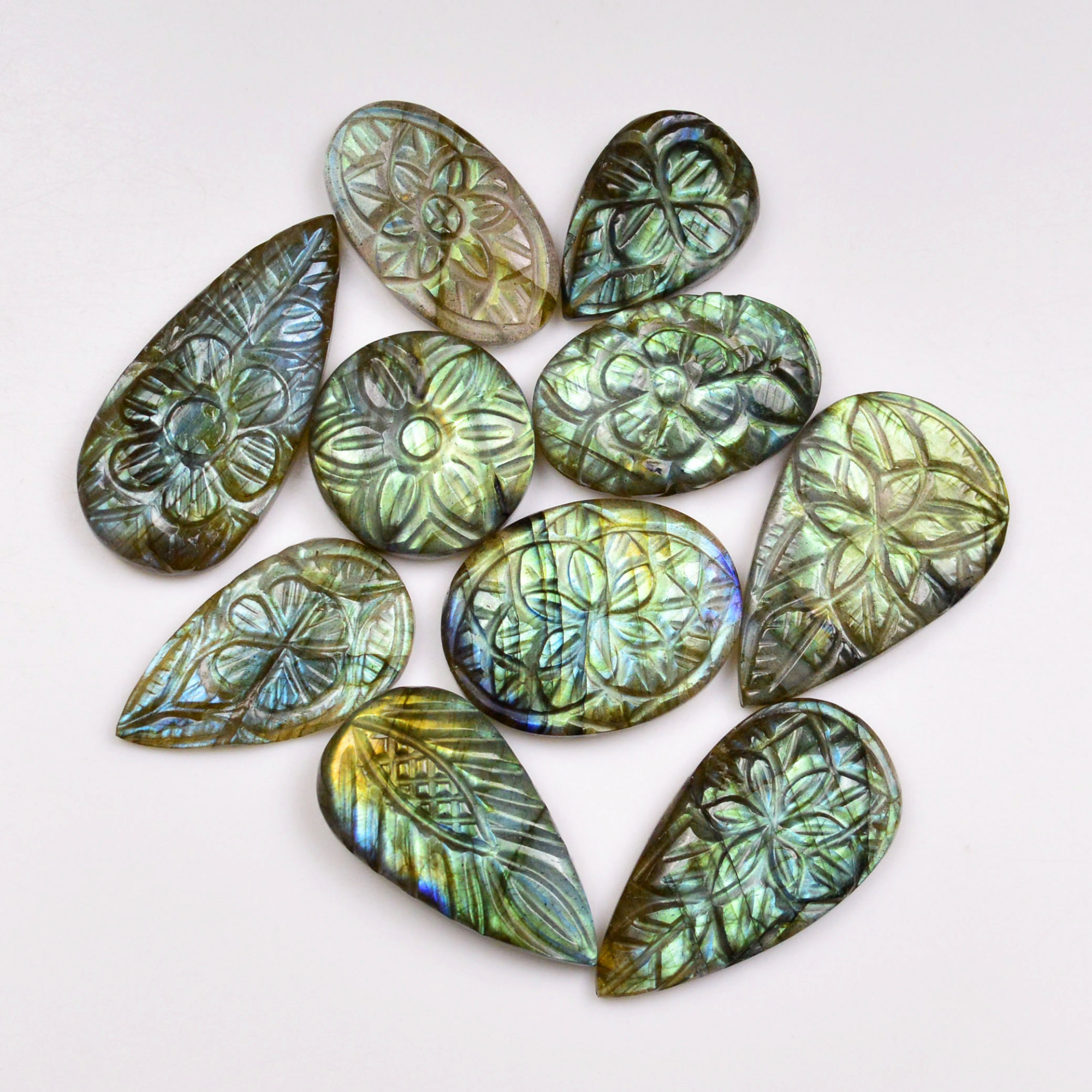 10 Pcs 143 Cts Natural Labradorite Mughal Carving Cabachon Lot For Jewelry Making 31x14 19x12mm 19932