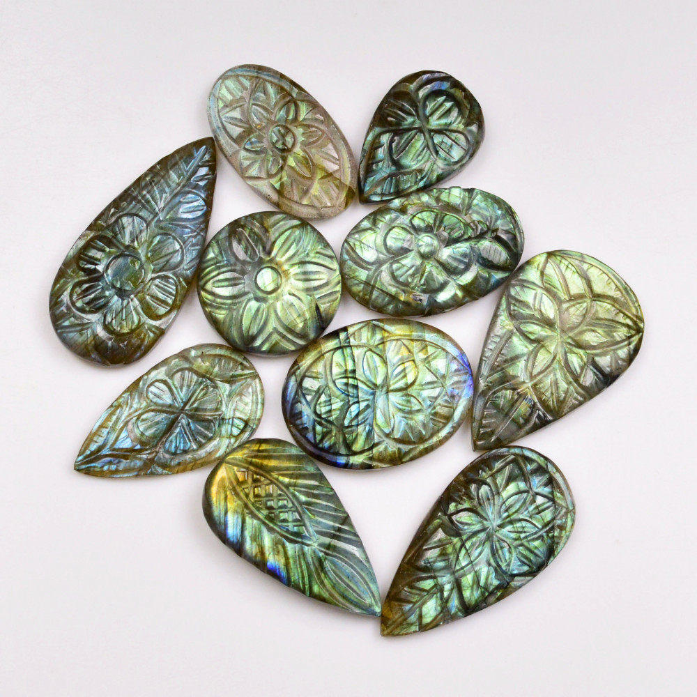 Image of 10 Pcs 143 Cts  Natural Labradorite Mughal Carving Cabachon Lot For Jewelry Making 31x14 19x12mm #19932