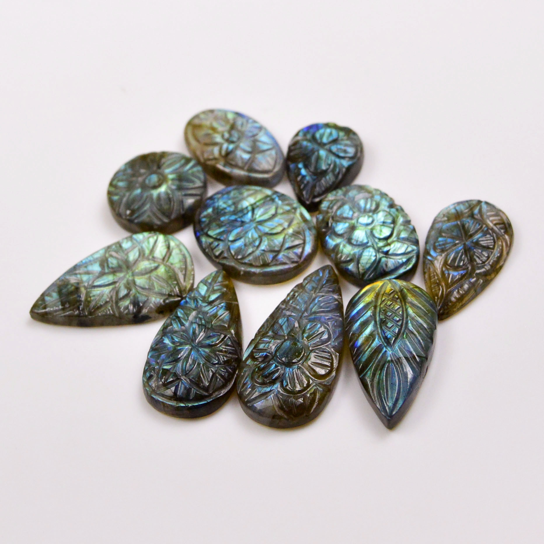 10 Pcs 143 Cts  Natural Labradorite Mughal Carving Cabachon Lot For Jewelry Making 31x14 19x12mm 19932