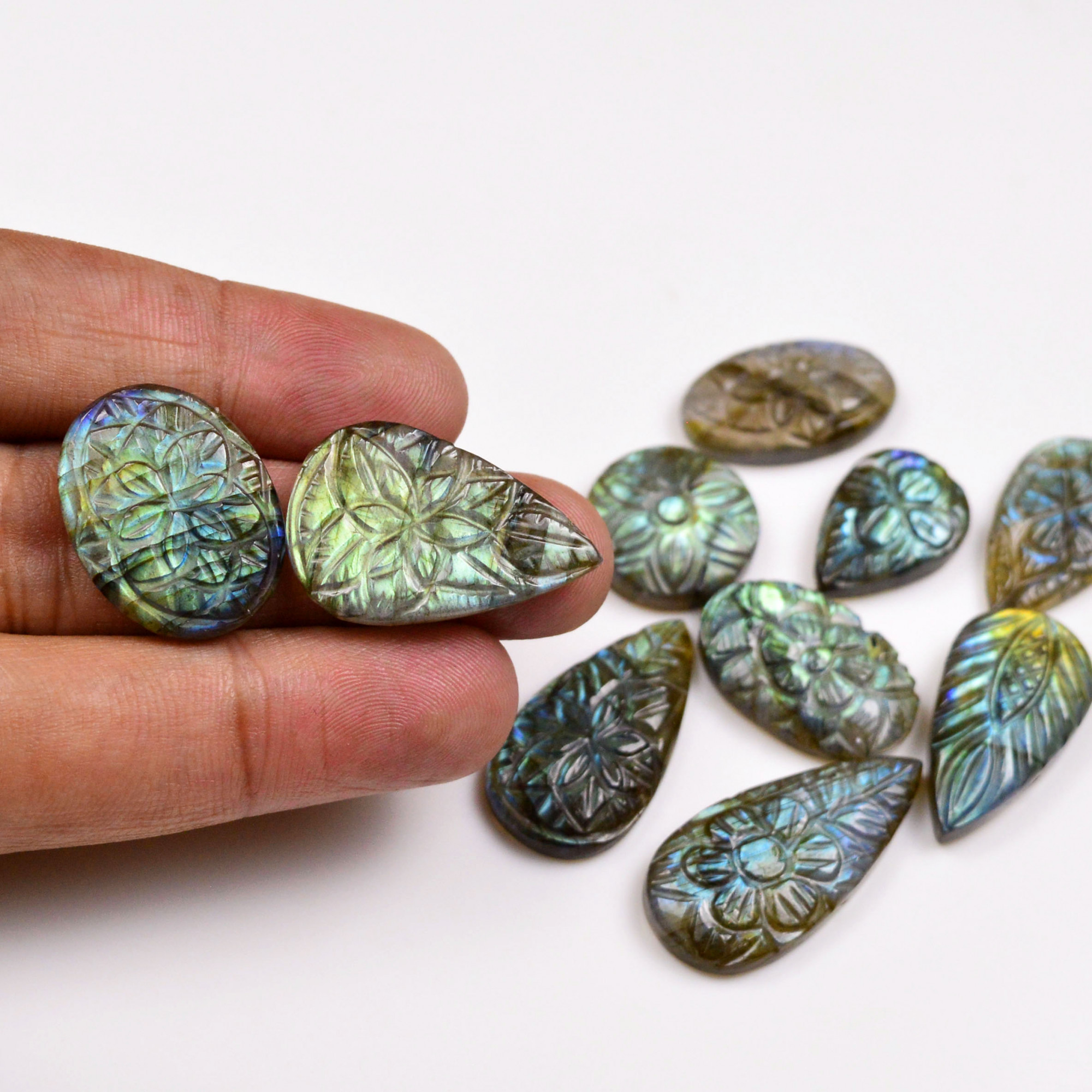 10 Pcs 143 Cts  Natural Labradorite Mughal Carving Cabachon Lot For Jewelry Making 31x14 19x12mm 19932