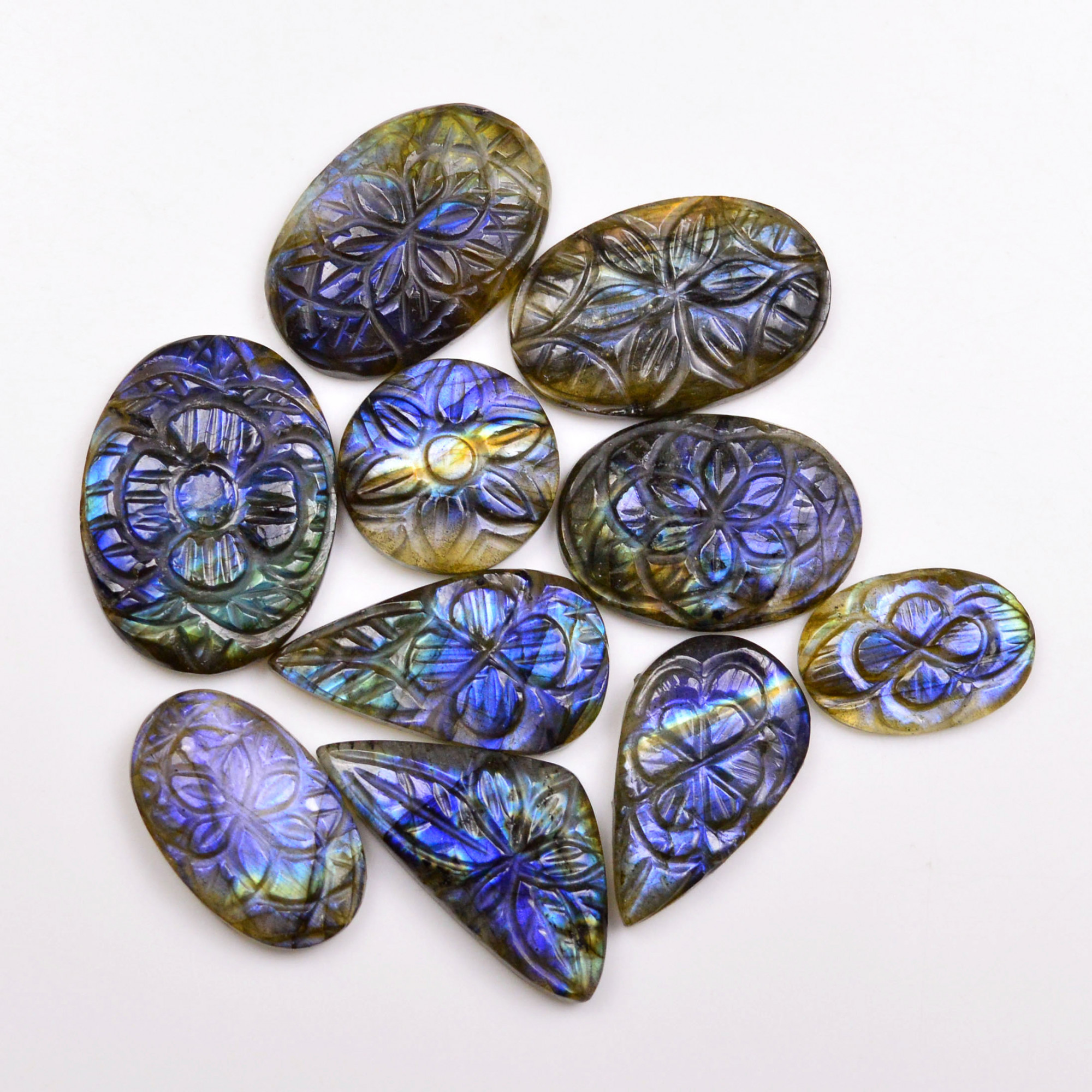 10 Pcs 141 Cts  Natural Labradorite Mughal Carving Cabachon Lot For Jewelry Making 25x19 18x12mm 19933