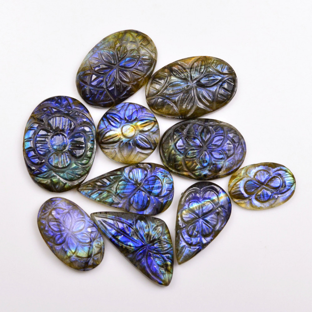 Image of 10 Pcs 141 Cts  Natural Labradorite Mughal Carving Cabachon Lot For Jewelry Making 25x19 18x12mm #19933