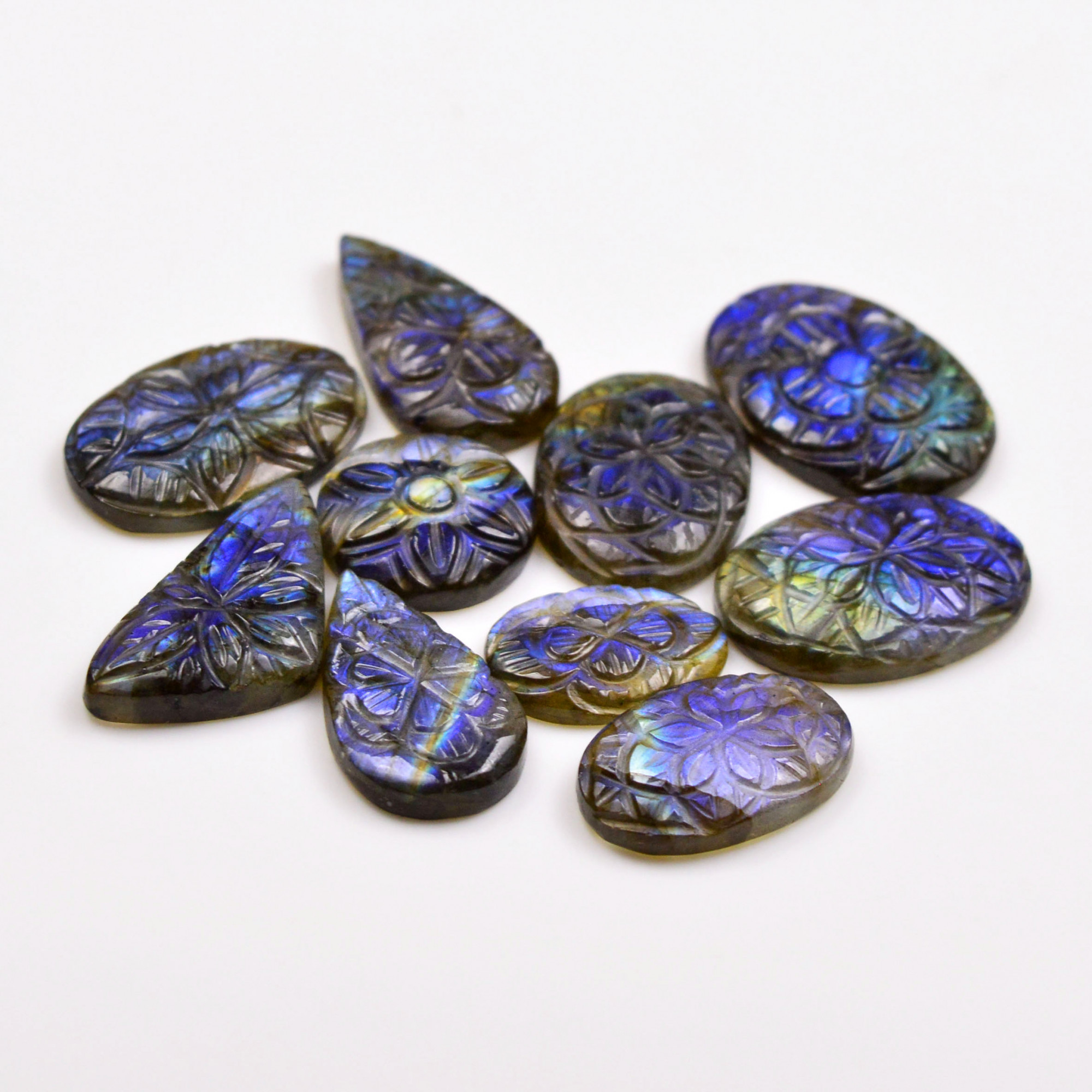 10 Pcs 141 Cts  Natural Labradorite Mughal Carving Cabachon Lot For Jewelry Making 25x19 18x12mm 19933