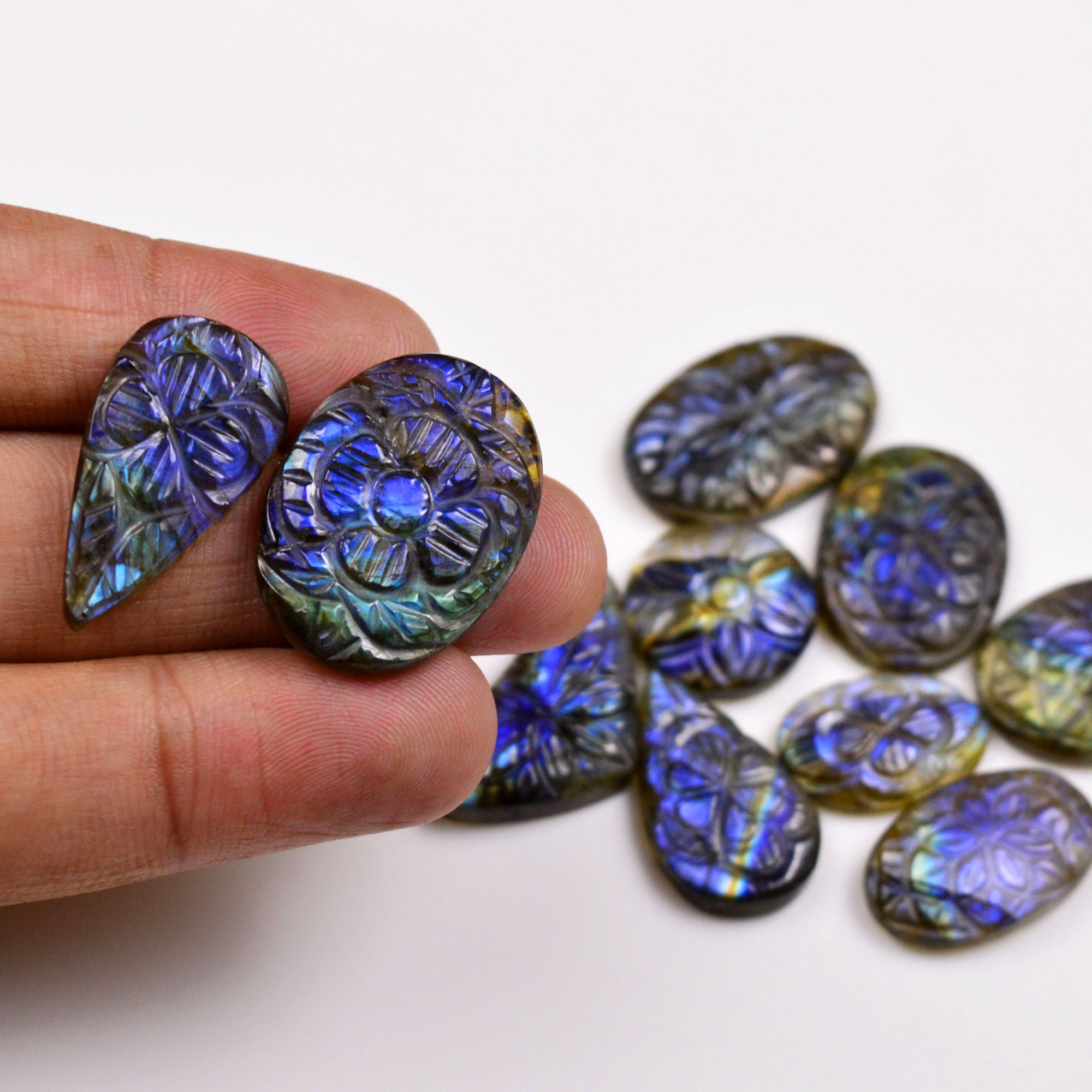 10 Pcs 141 Cts  Natural Labradorite Mughal Carving Cabachon Lot For Jewelry Making 25x19 18x12mm 19933