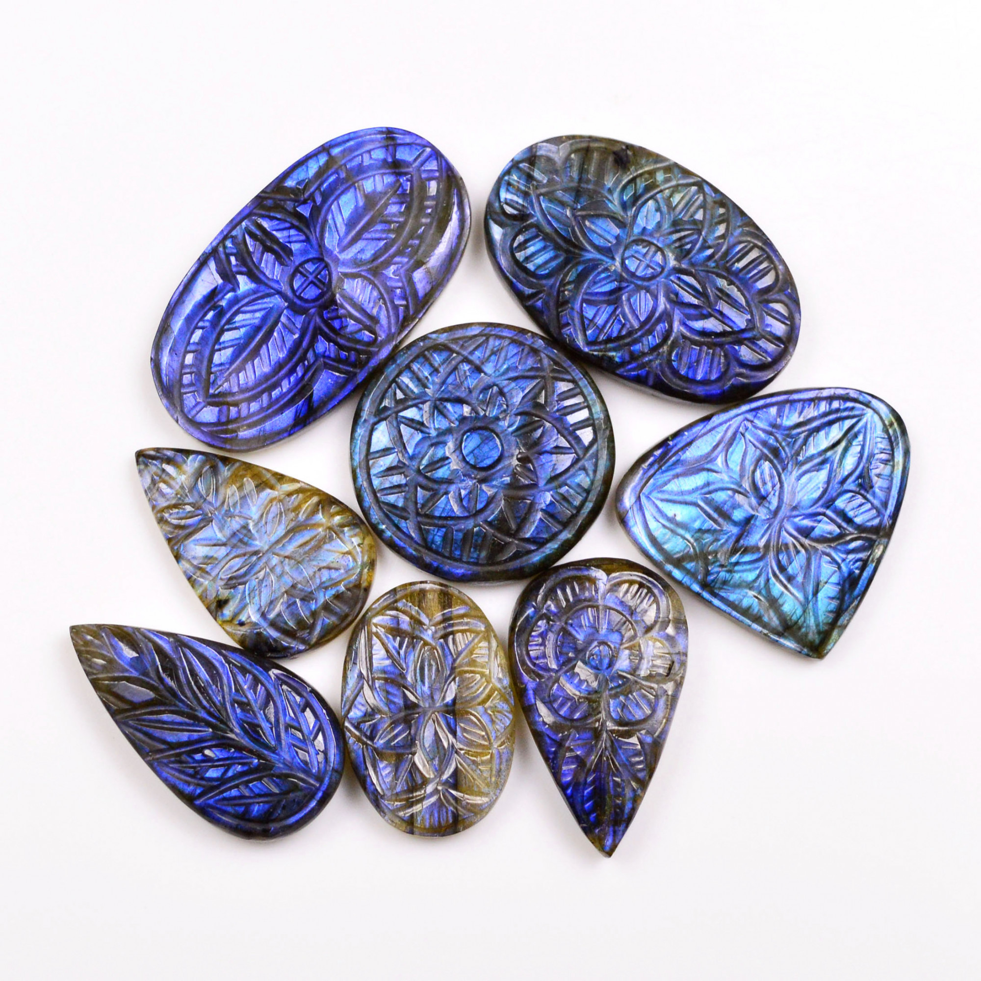 8 Pcs 227 Cts Natural Labradorite Mughal Carving Cabachon Lot For Jewelry Making 36x20 24x15mm 19935
