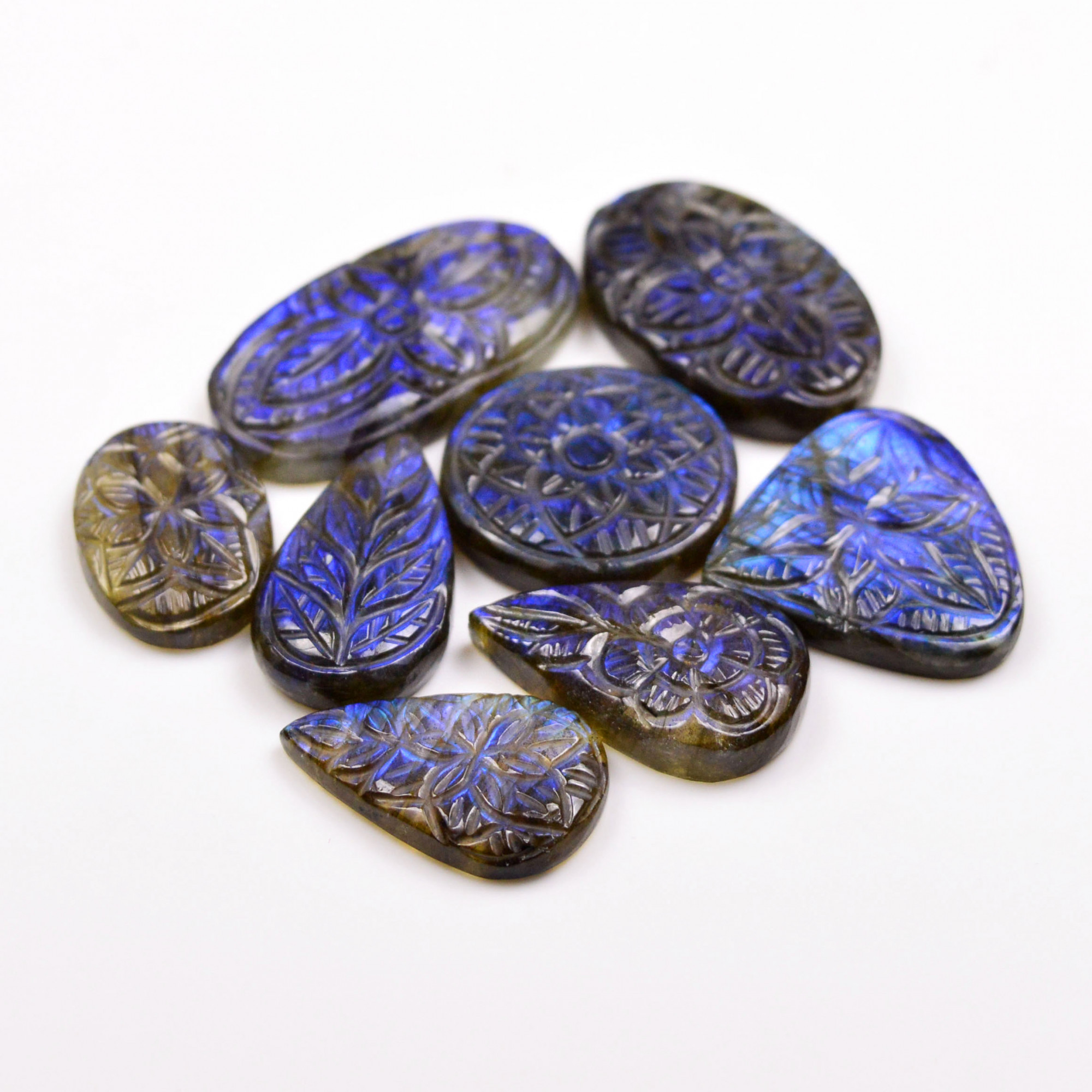 8 Pcs 227 Cts Natural Labradorite Mughal Carving Cabachon Lot For Jewelry Making 36x20 24x15mm 19935