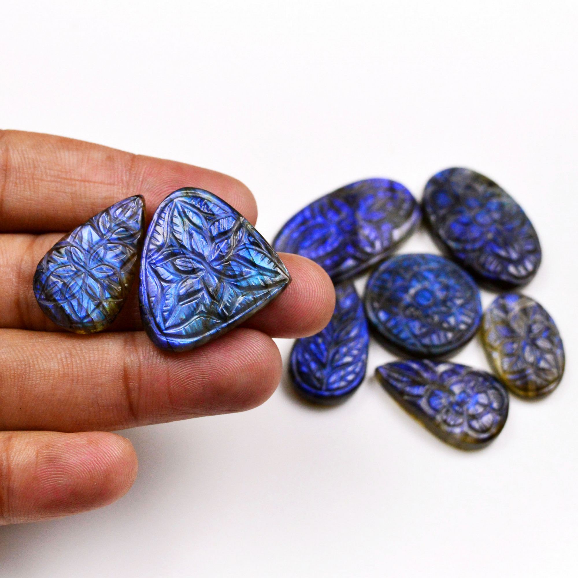 8 Pcs 227 Cts Natural Labradorite Mughal Carving Cabachon Lot For Jewelry Making 36x20 24x15mm 19935