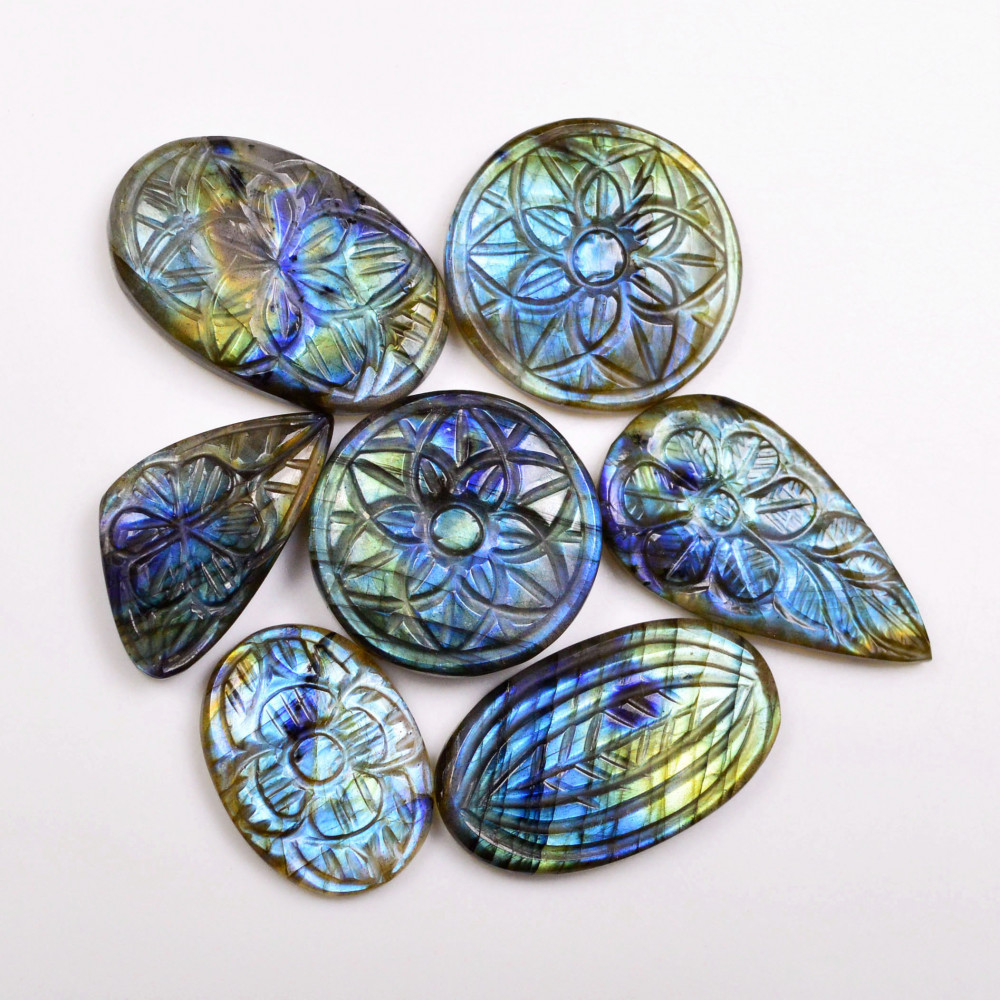 Image of 7 Pcs 169 Cts  Natural Labradorite Mughal Carving Cabachon Lot For Jewelry Making 32x17 22x16mm #19936
