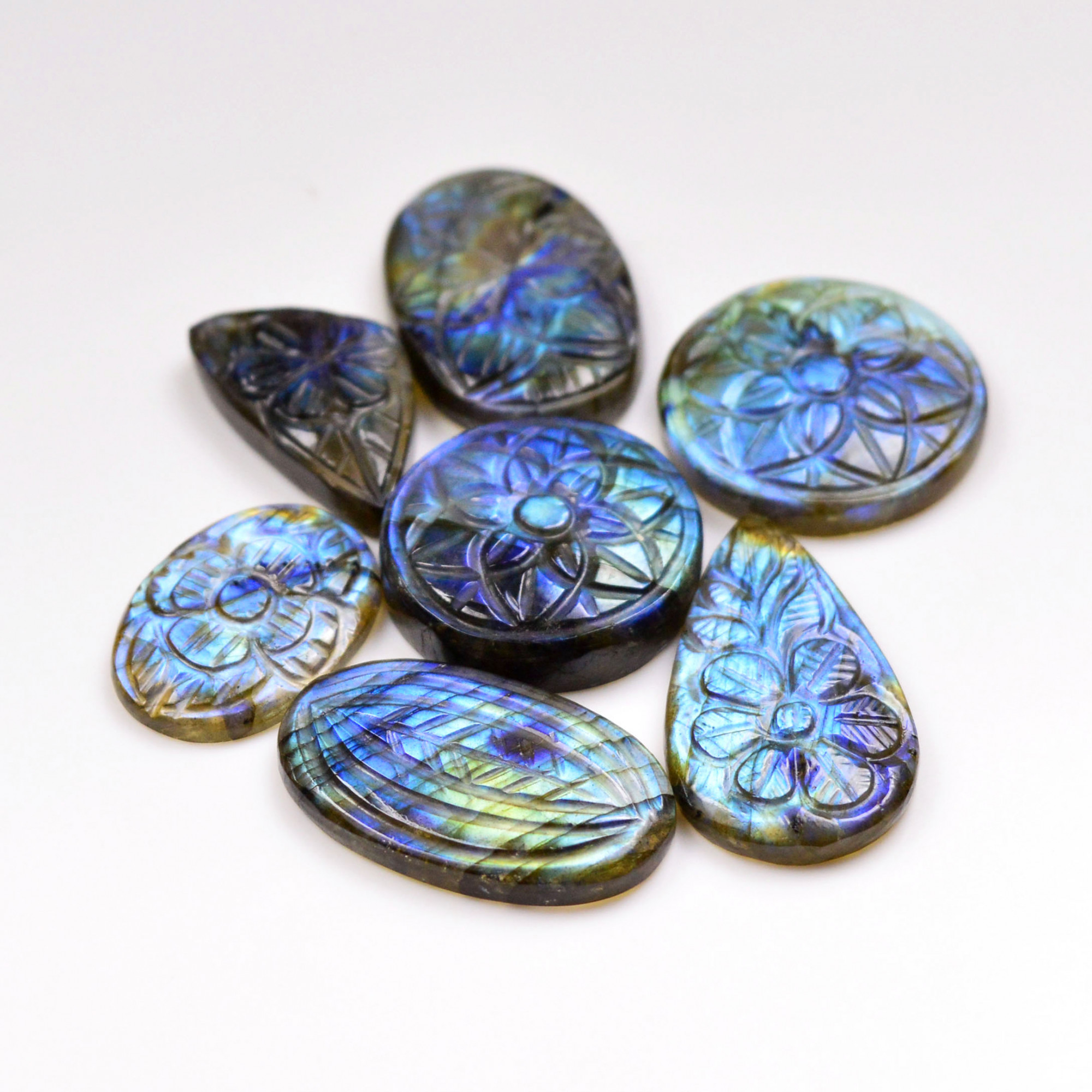 7 Pcs 169 Cts  Natural Labradorite Mughal Carving Cabachon Lot For Jewelry Making 32x17 22x16mm 19936
