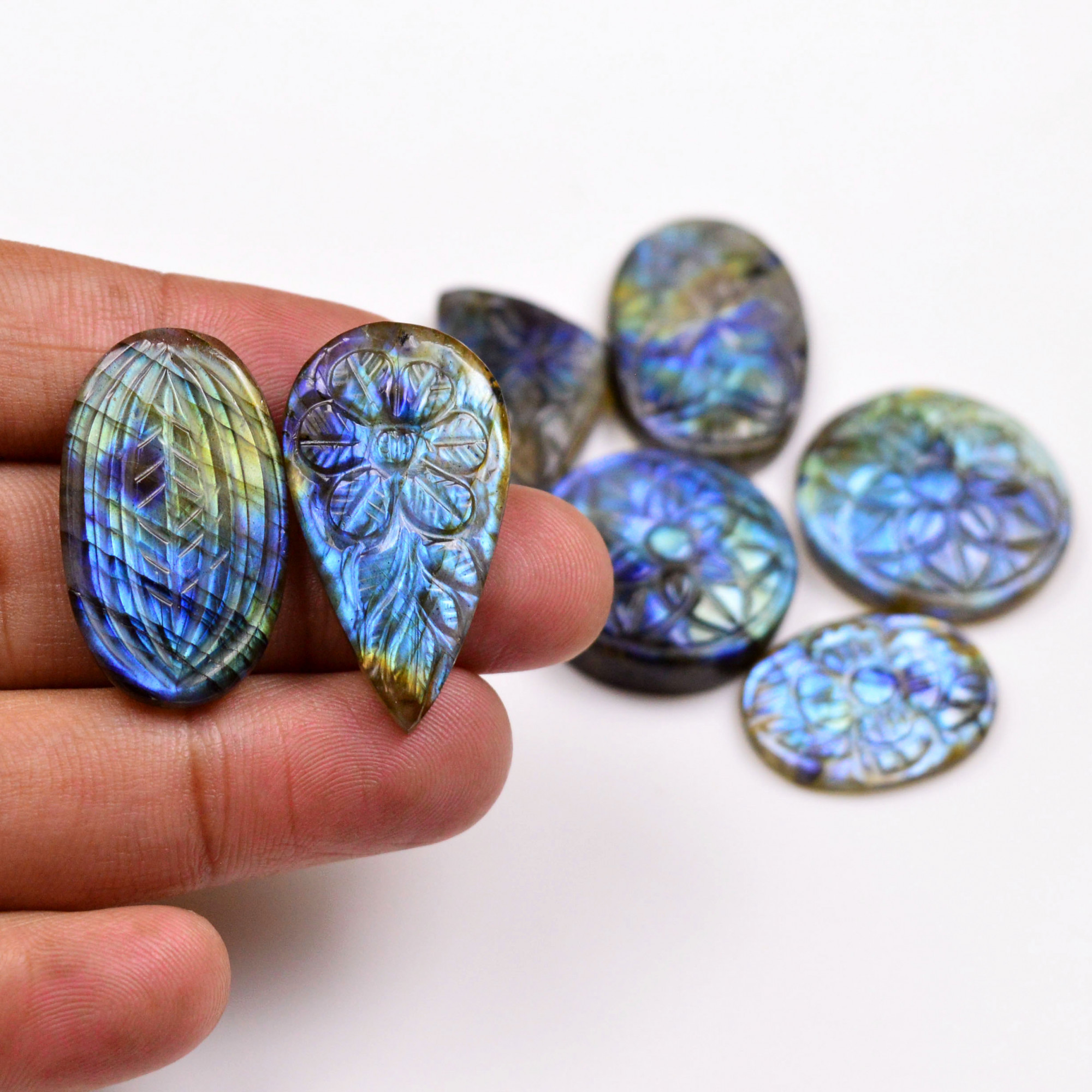 7 Pcs 169 Cts Natural Labradorite Mughal Carving Cabachon Lot For Jewelry Making 32x17 22x16mm 19936