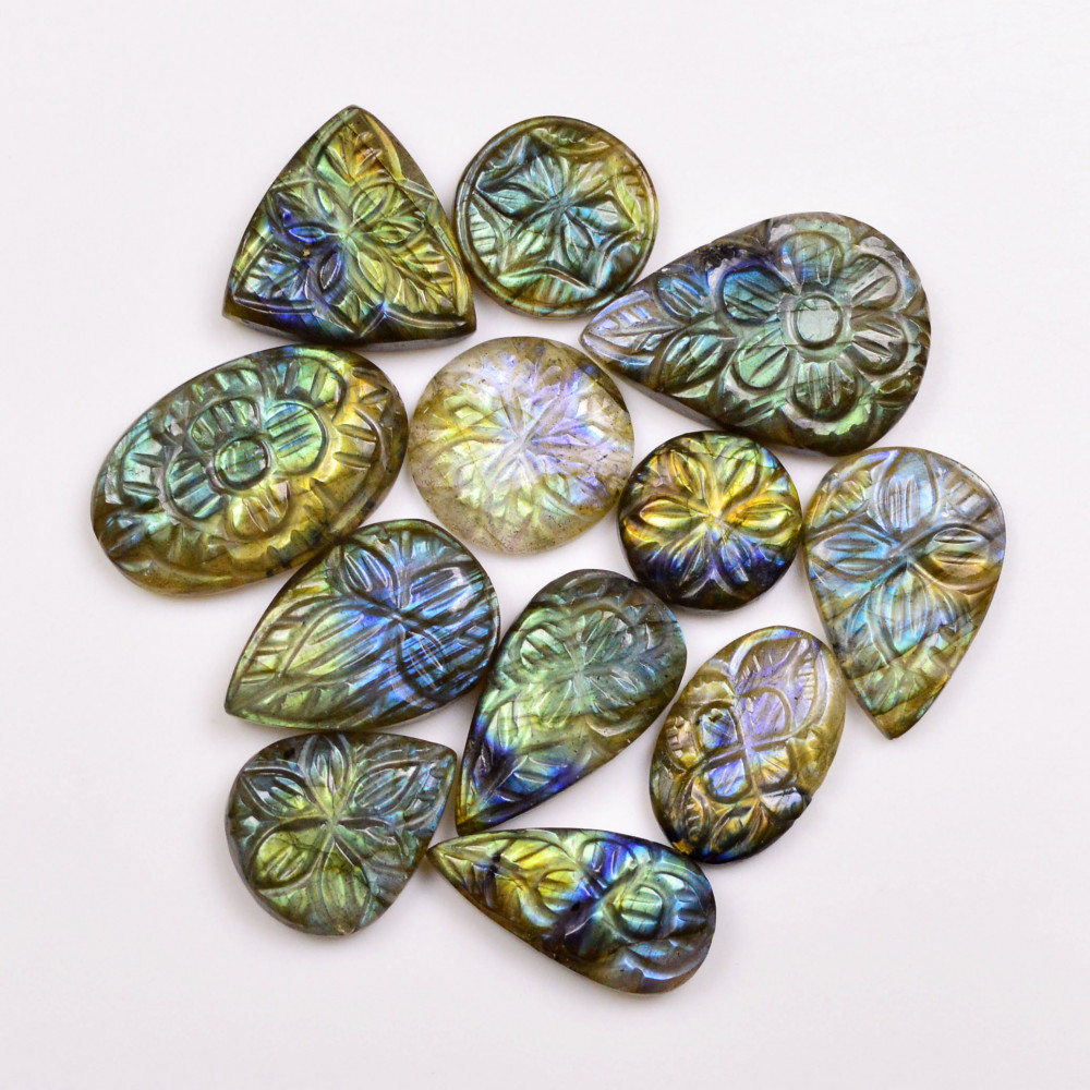 Image of 12 Pcs 141 Cts  Natural Labradorite Mughal Carving Cabachon Lot For Jewelry Making 26x18 13x13mm #19939