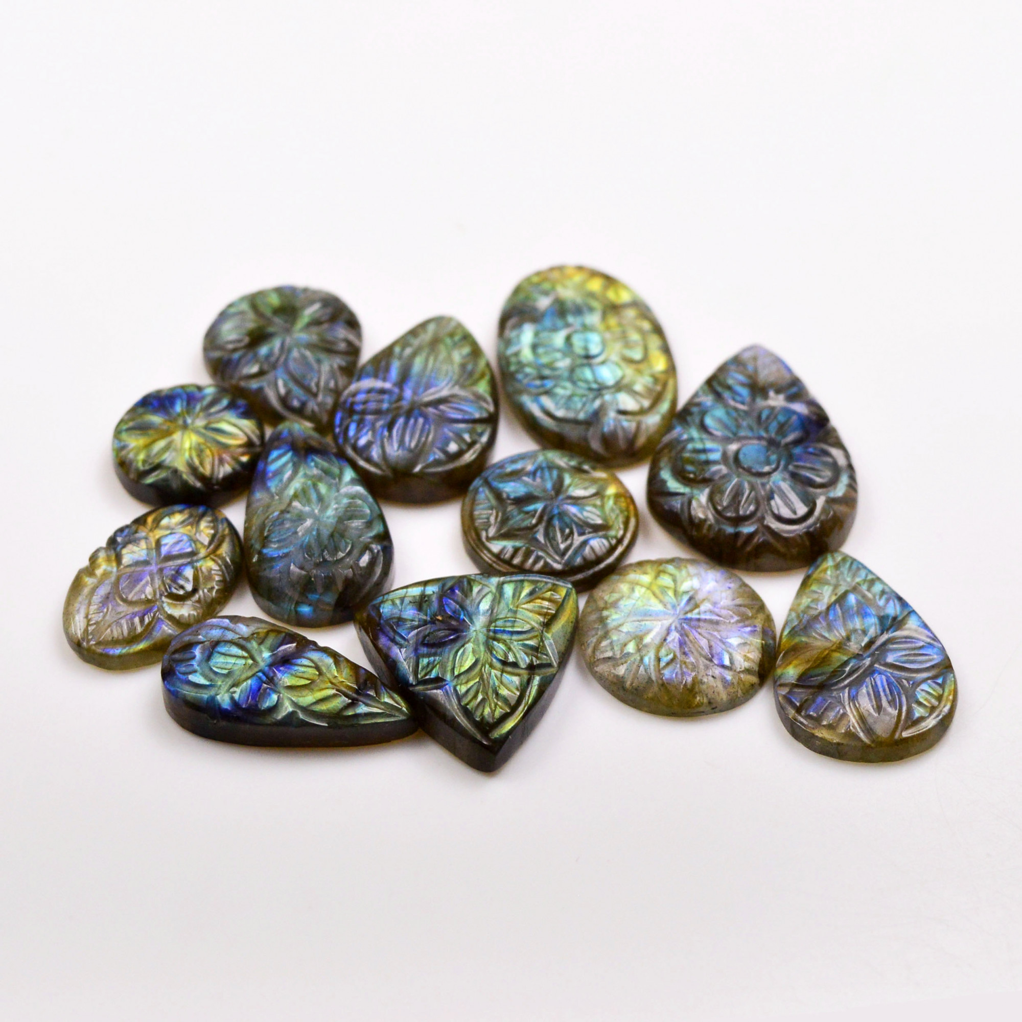 12 Pcs 141 Cts  Natural Labradorite Mughal Carving Cabachon Lot For Jewelry Making 26x18 13x13mm 19939