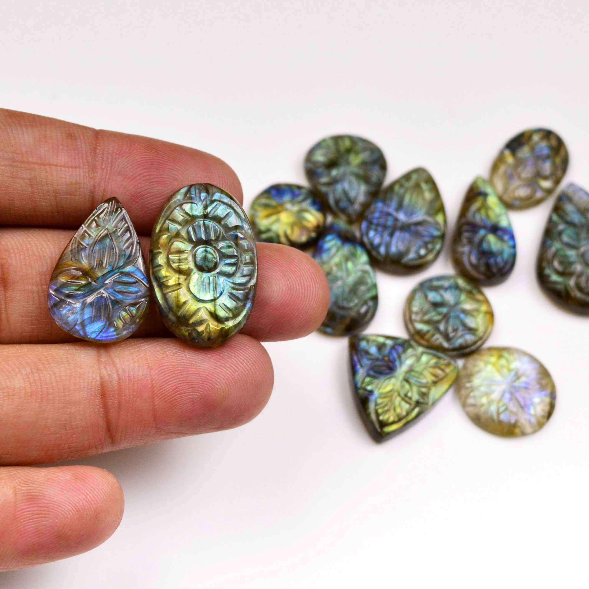12 Pcs 141 Cts  Natural Labradorite Mughal Carving Cabachon Lot For Jewelry Making 26x18 13x13mm 19939
