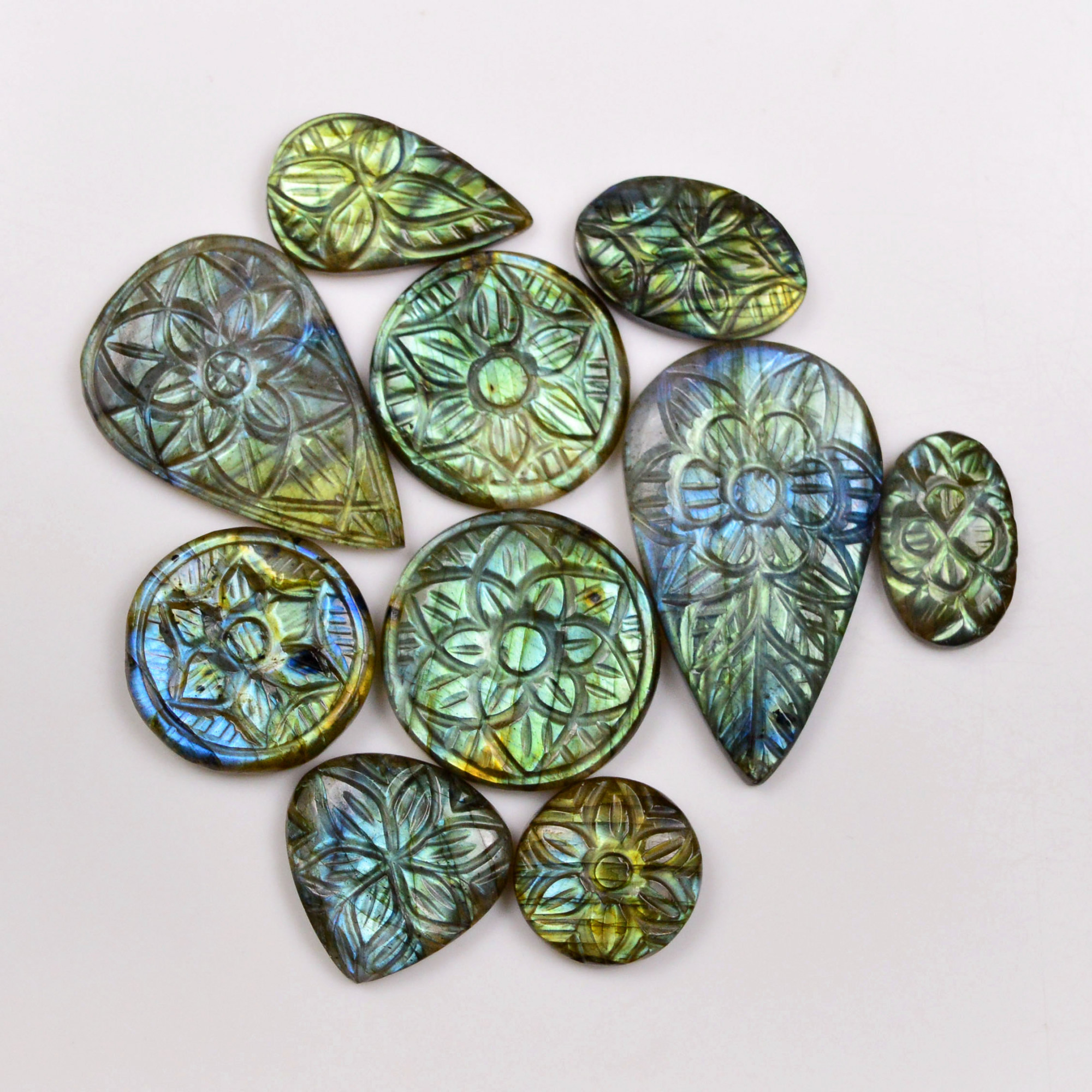10 Pcs 197 Cts  Natural Labradorite Mughal Carving Cabachon Lot For Jewelry Making 40x23 16x16mm 19940