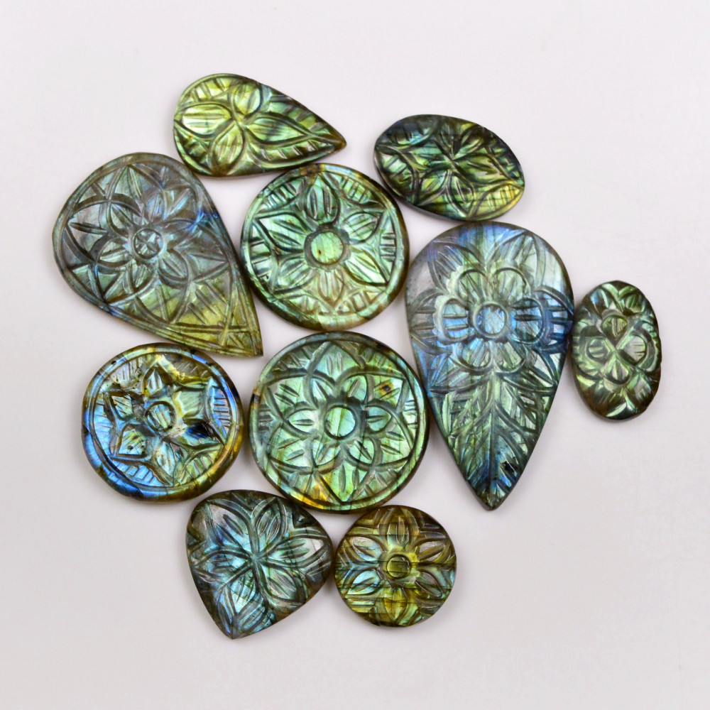 Image of 10 Pcs 197 Cts  Natural Labradorite Mughal Carving Cabachon Lot For Jewelry Making 40x23 16x16mm #19940