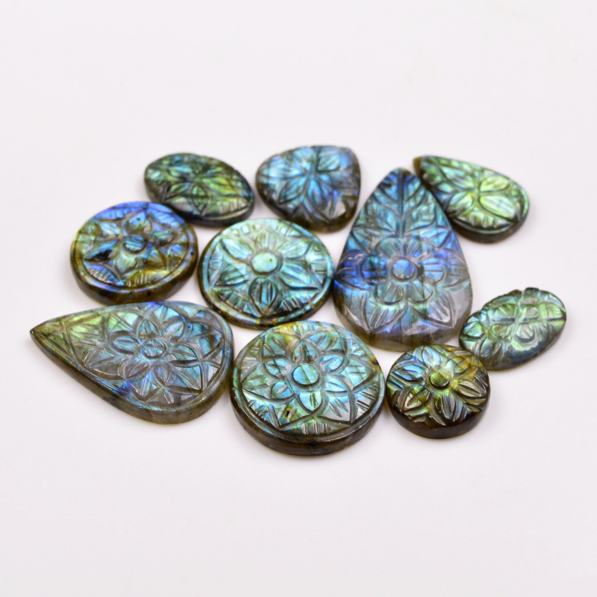 10 Pcs 197 Cts Natural Labradorite Mughal Carving Cabachon Lot For Jewelry Making 40x23 16x16mm 19940