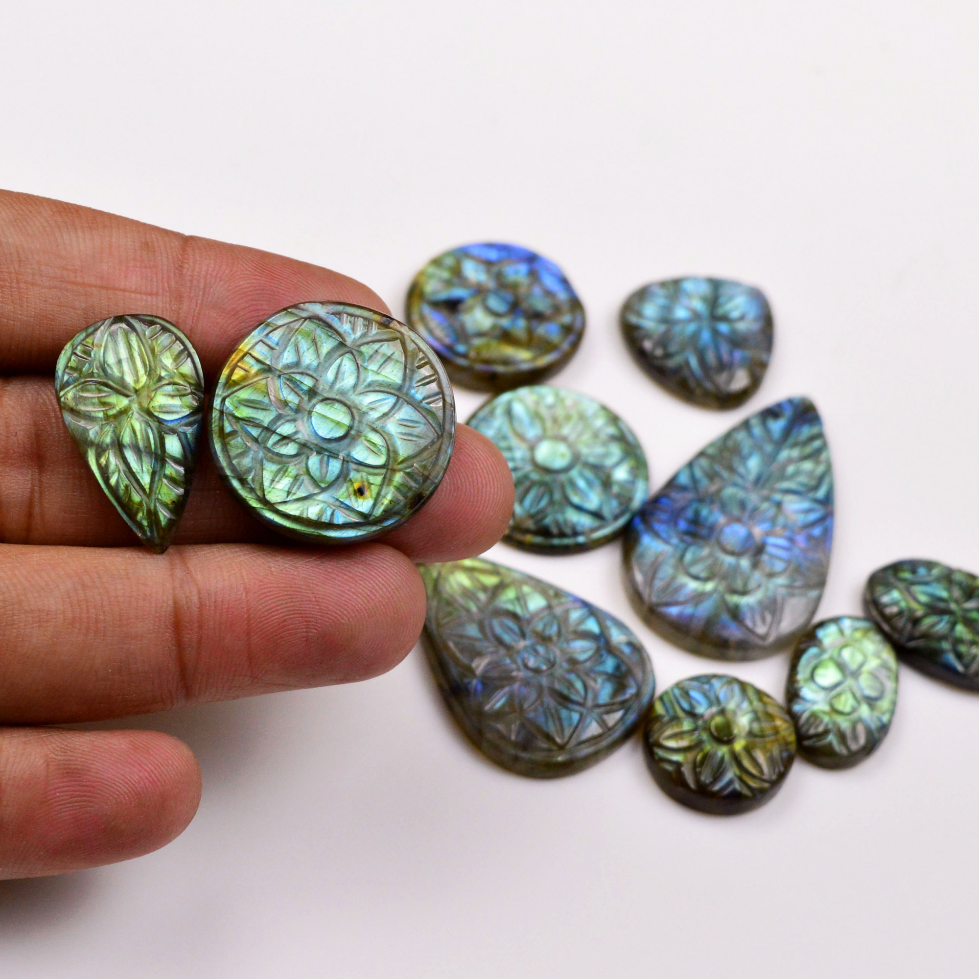 10 Pcs 197 Cts Natural Labradorite Mughal Carving Cabachon Lot For Jewelry Making 40x23 16x16mm 19940