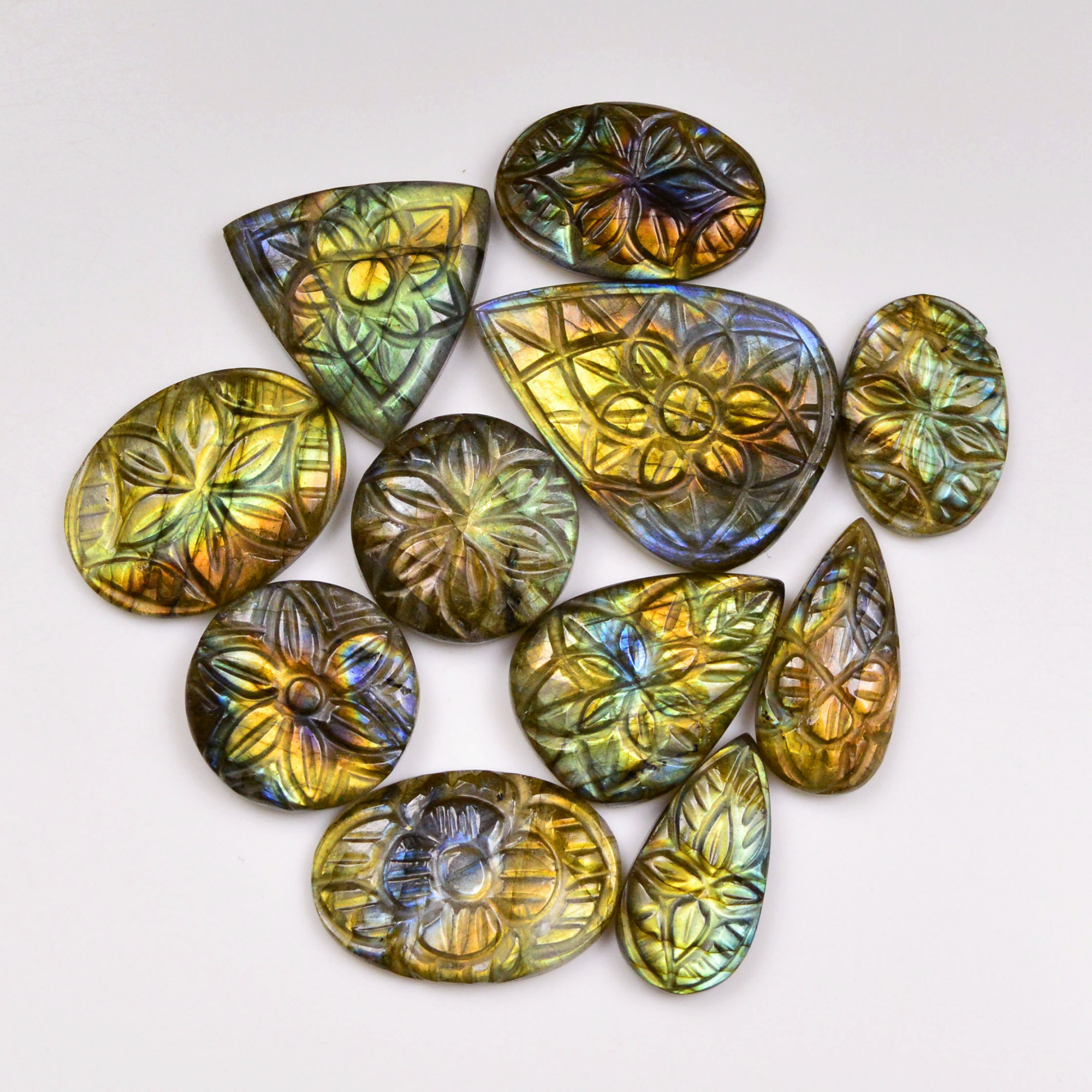 11 Pcs 159 Cts  Natural Labradorite Mughal Carving Cabachon Lot For Jewelry Making 31x22 19 x13mm  19941