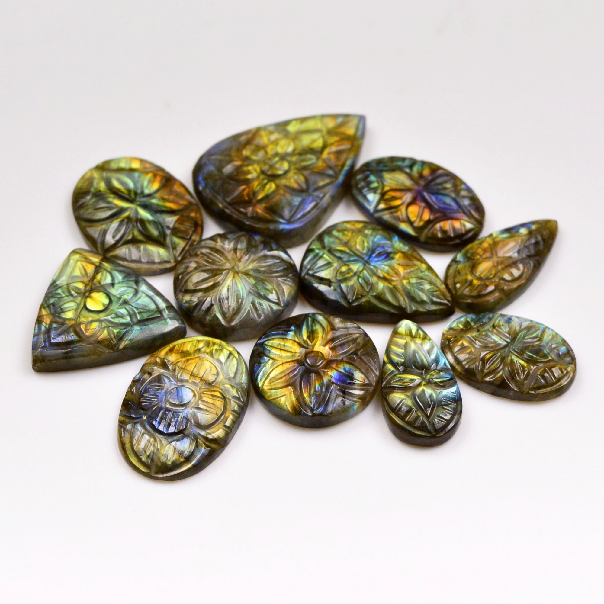 11 Pcs 159 Cts Natural Labradorite Mughal Carving Cabachon Lot For Jewelry Making 31x22 19 x13mm 19941