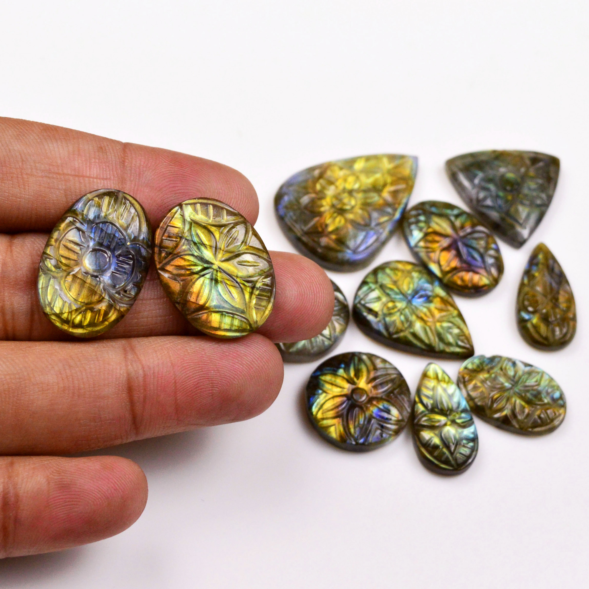 11 Pcs 159 Cts Natural Labradorite Mughal Carving Cabachon Lot For Jewelry Making 31x22 19 x13mm 19941