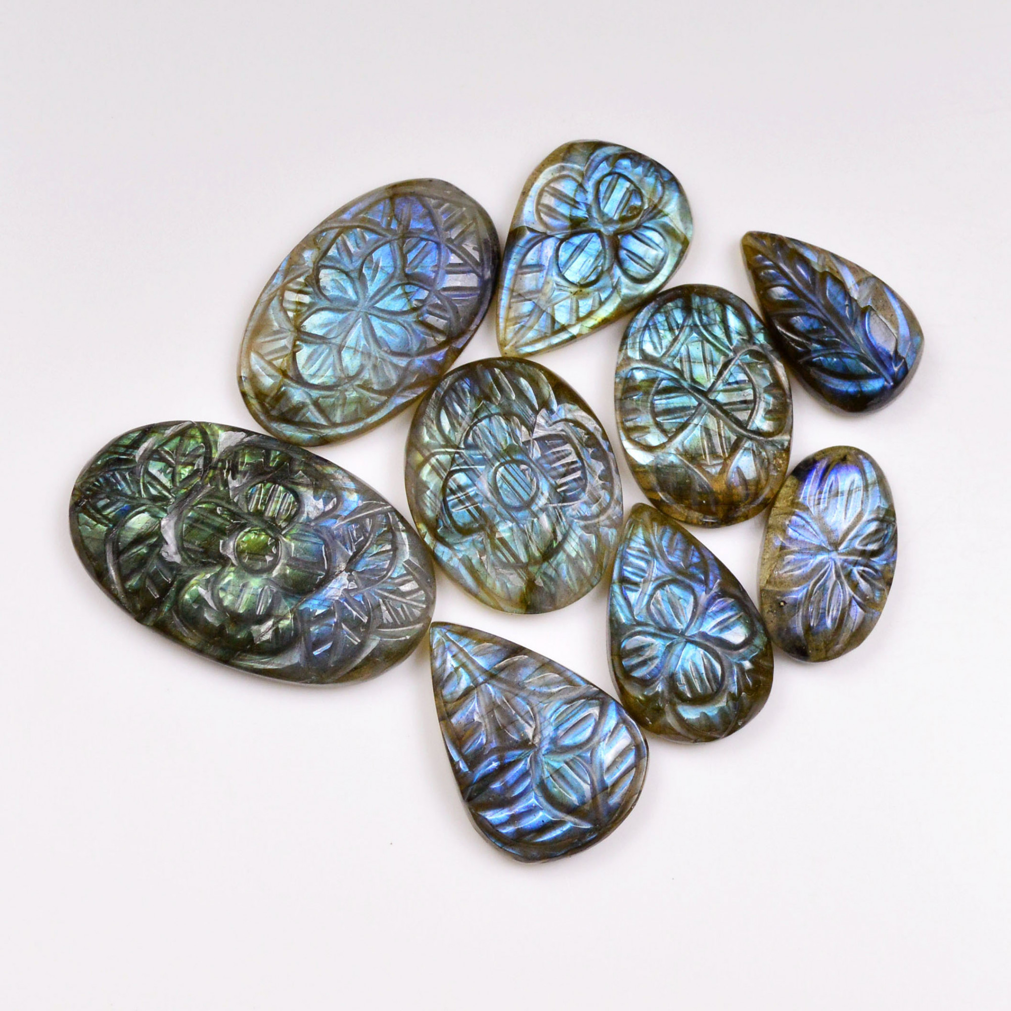 9 Pcs 116 Cts  Natural Labradorite Mughal Carving Cabachon Lot For Jewelry Making 30x18 17x10mm 19943