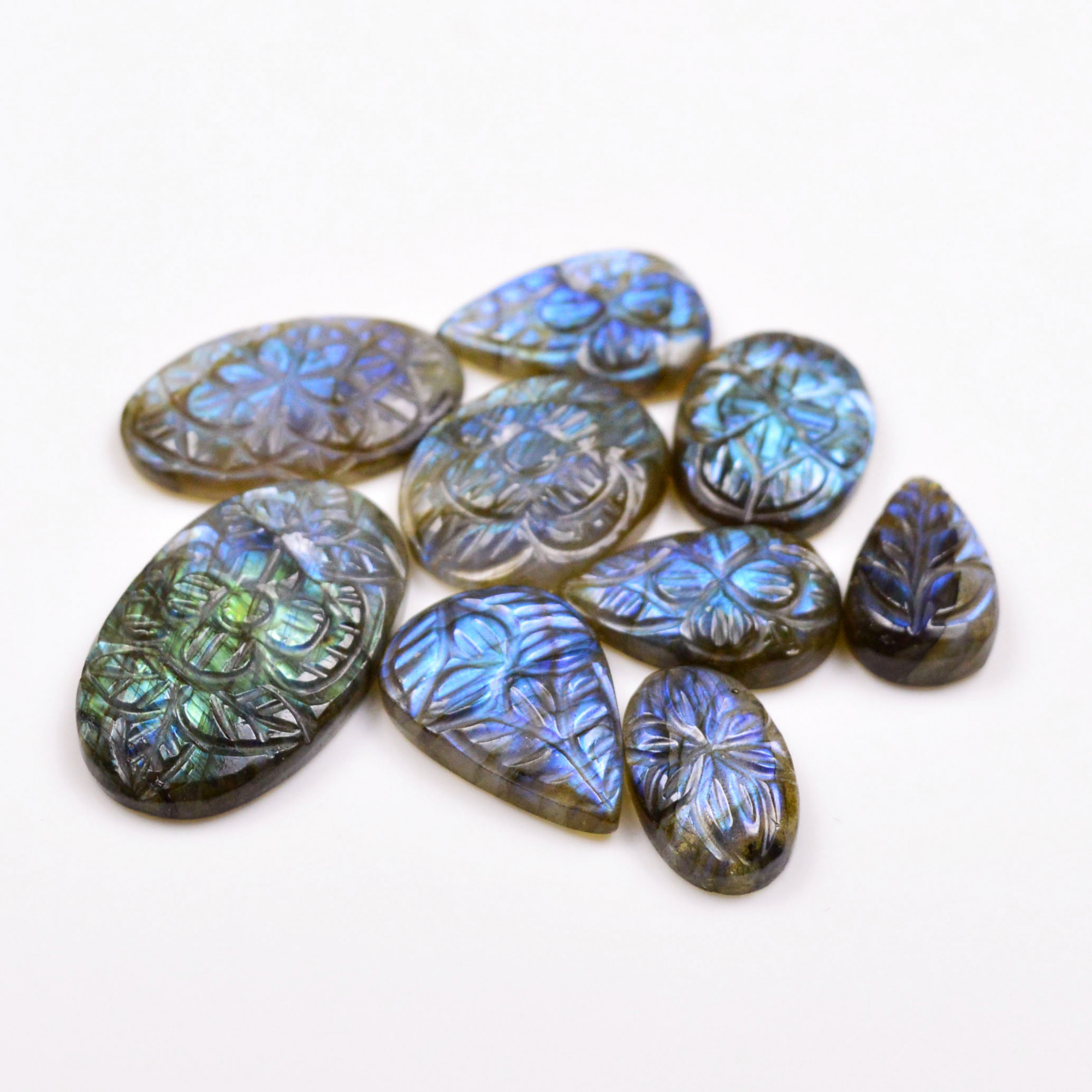 9 Pcs 116 Cts  Natural Labradorite Mughal Carving Cabachon Lot For Jewelry Making 30x18 17x10mm 19943