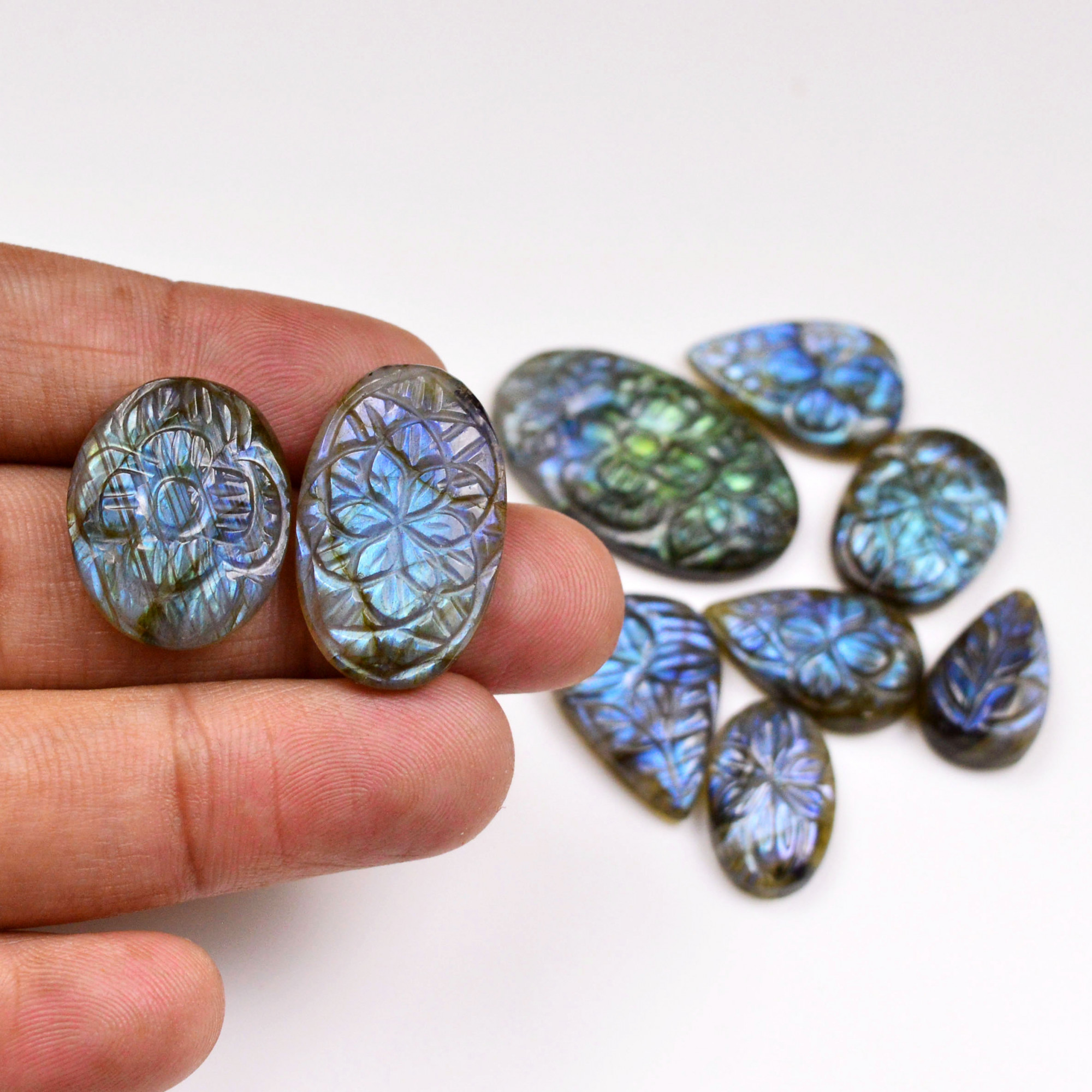 9 Pcs 116 Cts Natural Labradorite Mughal Carving Cabachon Lot For Jewelry Making 30x18 17x10mm 19943