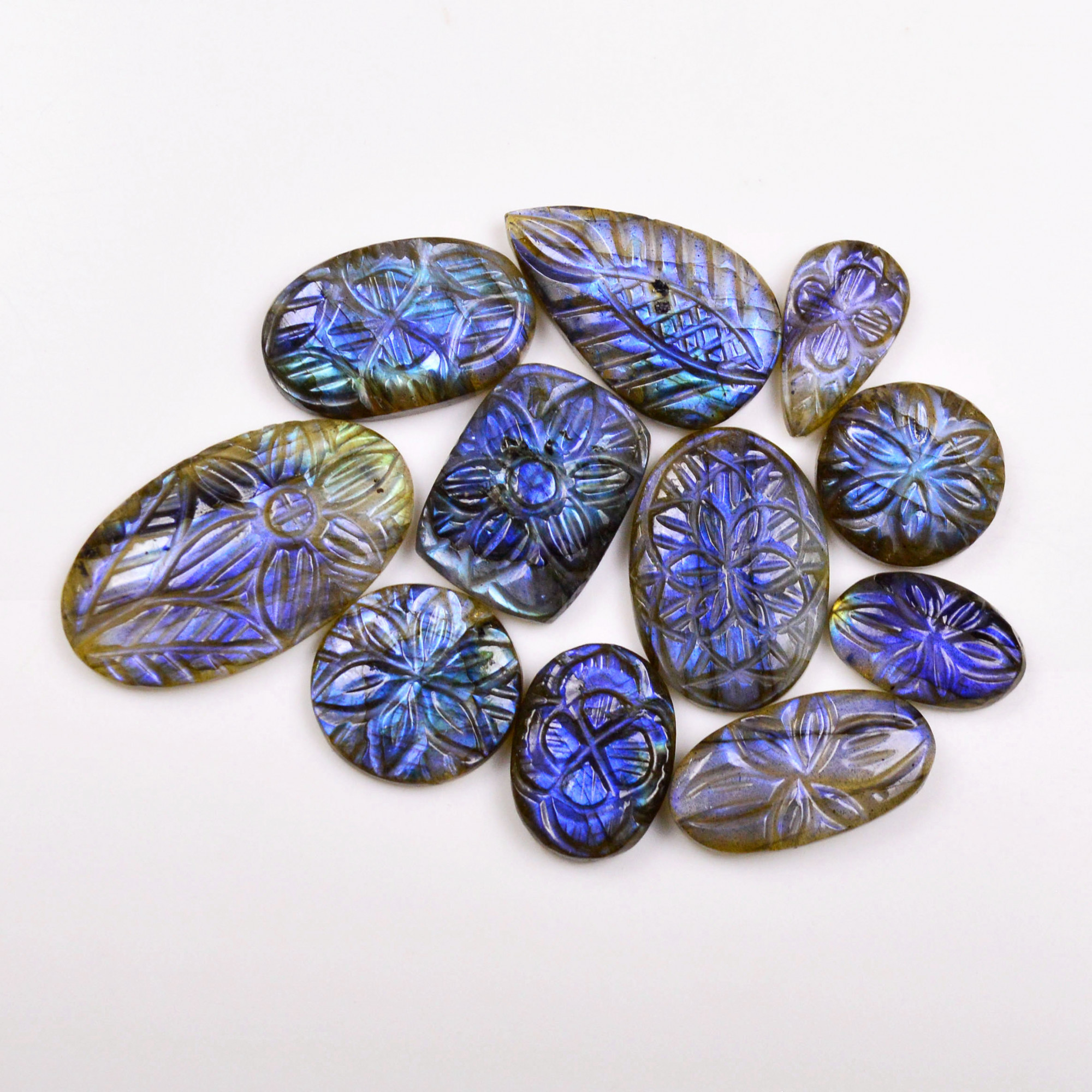 11 Pcs 118 Cts  Natural Labradorite Mughal Carving Cabachon Lot For Jewelry Making 29x16 15x9mm 19944