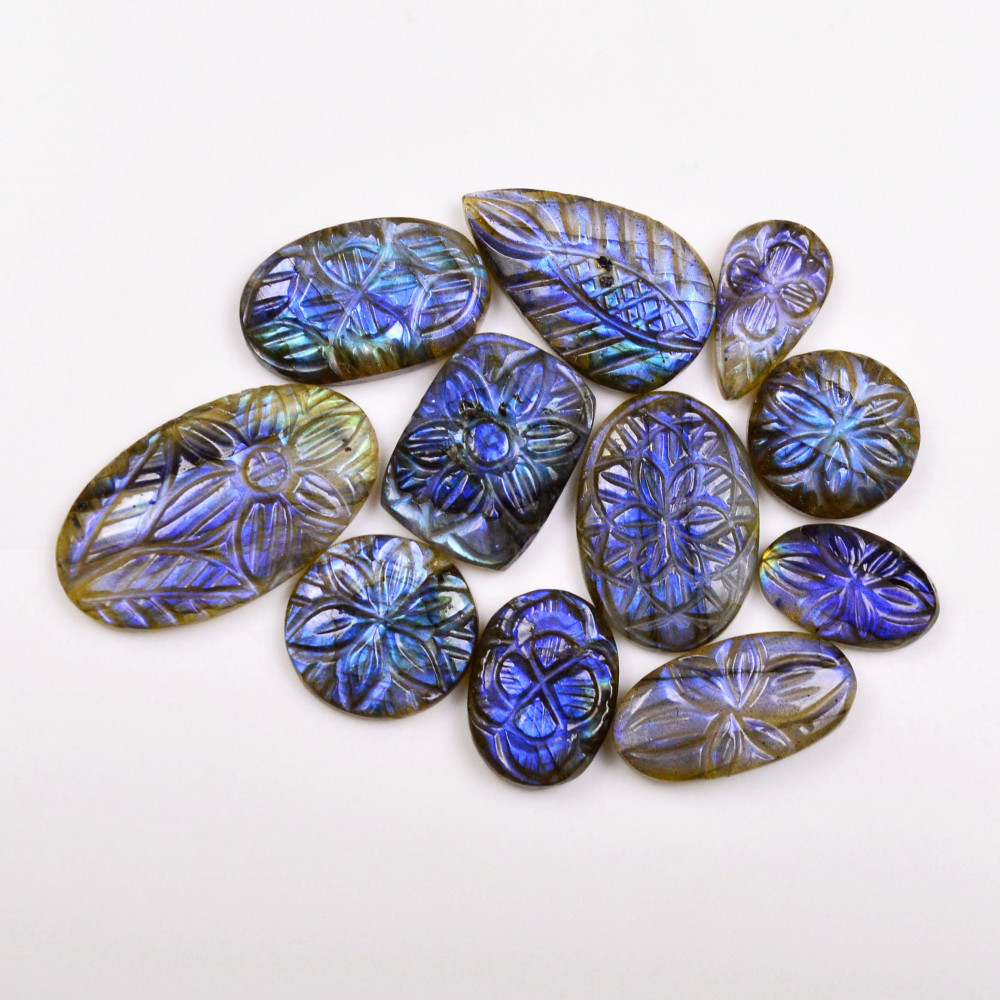 Image of 11 Pcs 118 Cts  Natural Labradorite Mughal Carving Cabachon Lot For Jewelry Making 29x16 15x9mm #19944