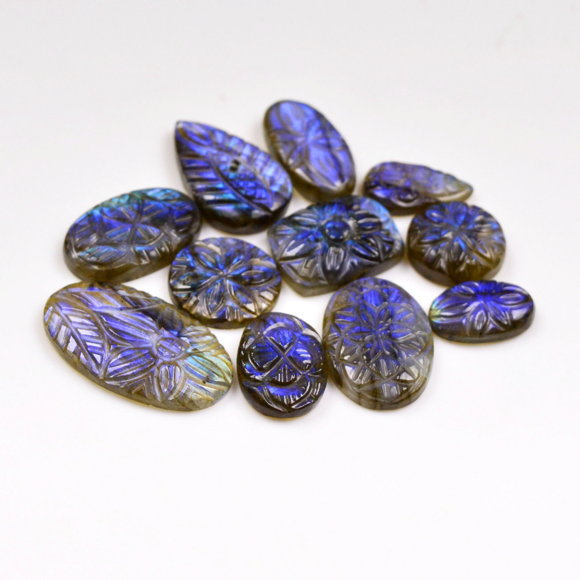 11 Pcs 118 Cts  Natural Labradorite Mughal Carving Cabachon Lot For Jewelry Making 29x16 15x9mm 19944