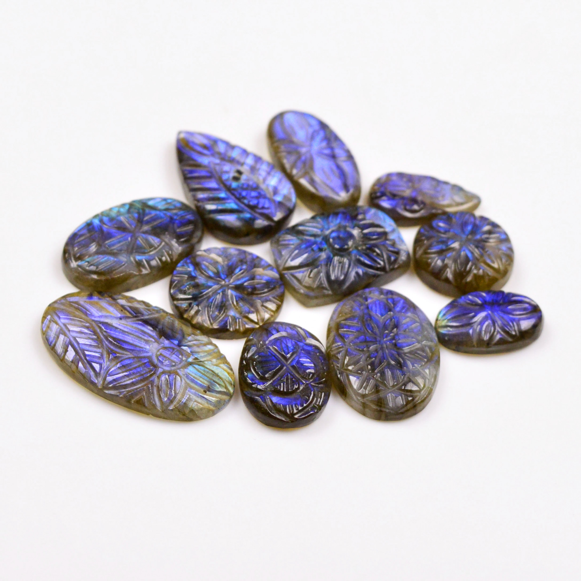 11 Pcs 118 Cts  Natural Labradorite Mughal Carving Cabachon Lot For Jewelry Making 29x16 15x9mm 19944