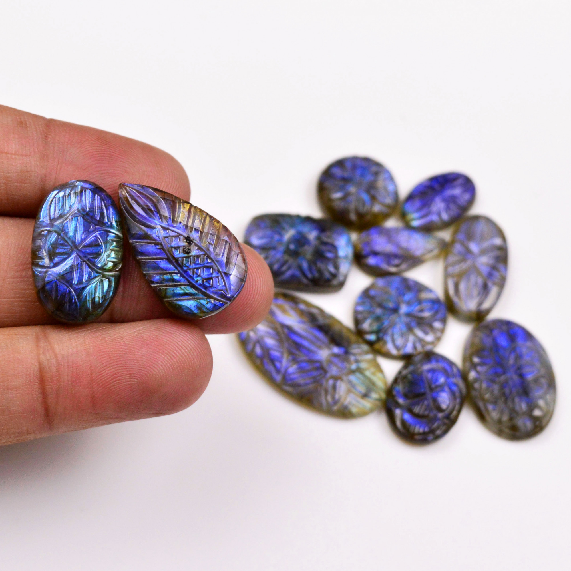 11 Pcs 118 Cts Natural Labradorite Mughal Carving Cabachon Lot For Jewelry Making 29x16 15x9mm 19944