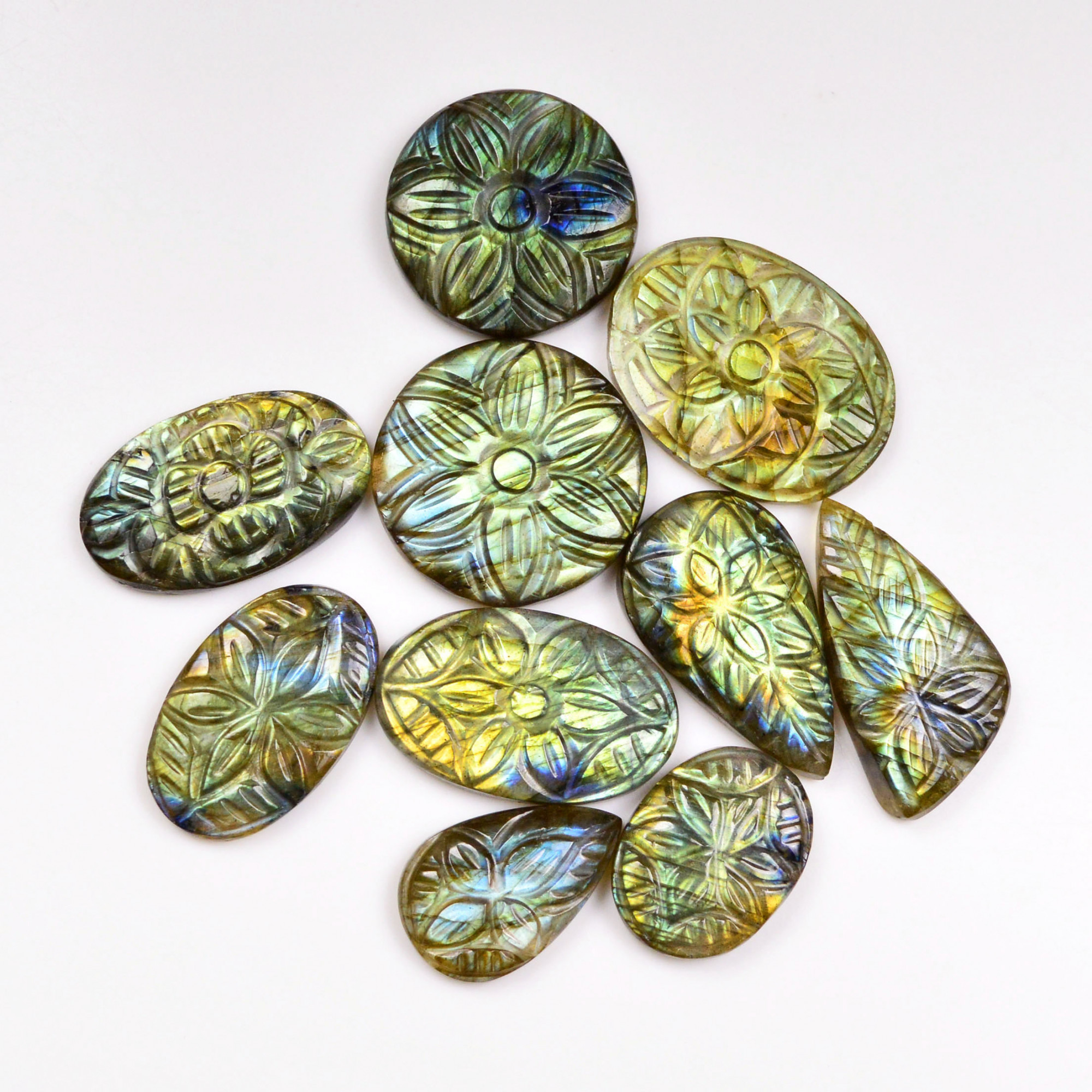 10 Pcs 172 Cts  Natural Labradorite Mughal Carving Cabachon Lot For Jewelry Making 27x20 20x13mm 19945