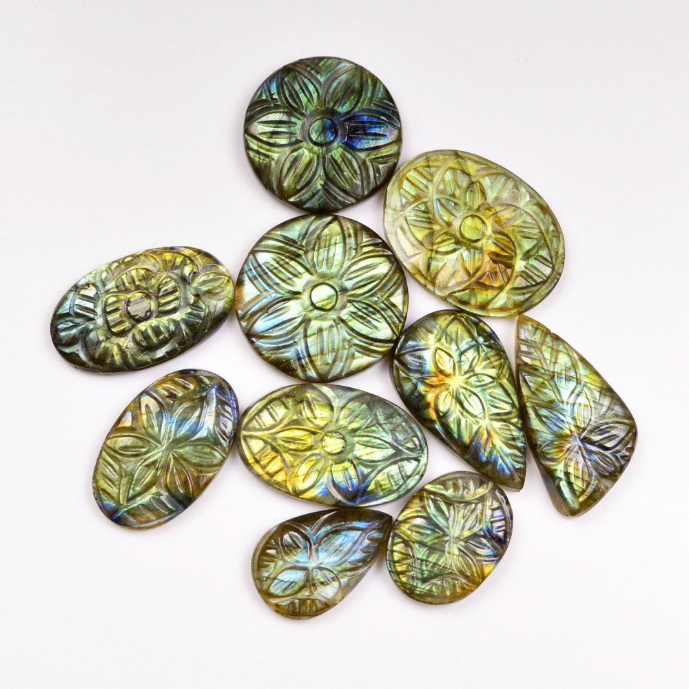Image of 10 Pcs 172 Cts  Natural Labradorite Mughal Carving Cabachon Lot For Jewelry Making 27x20 20x13mm #19945