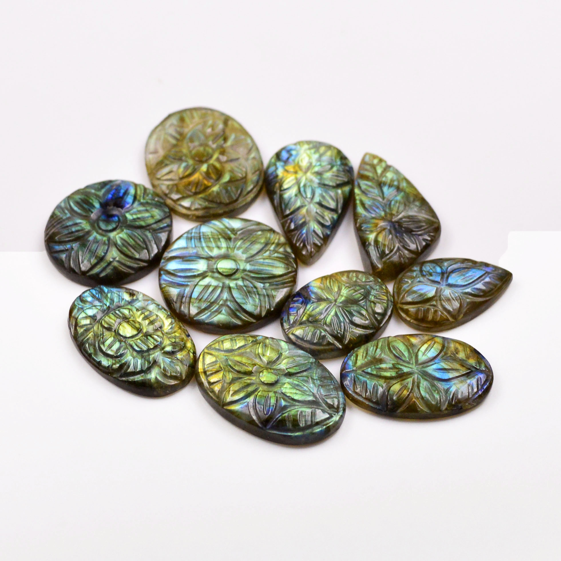 10 Pcs 172 Cts  Natural Labradorite Mughal Carving Cabachon Lot For Jewelry Making 27x20 20x13mm 19945