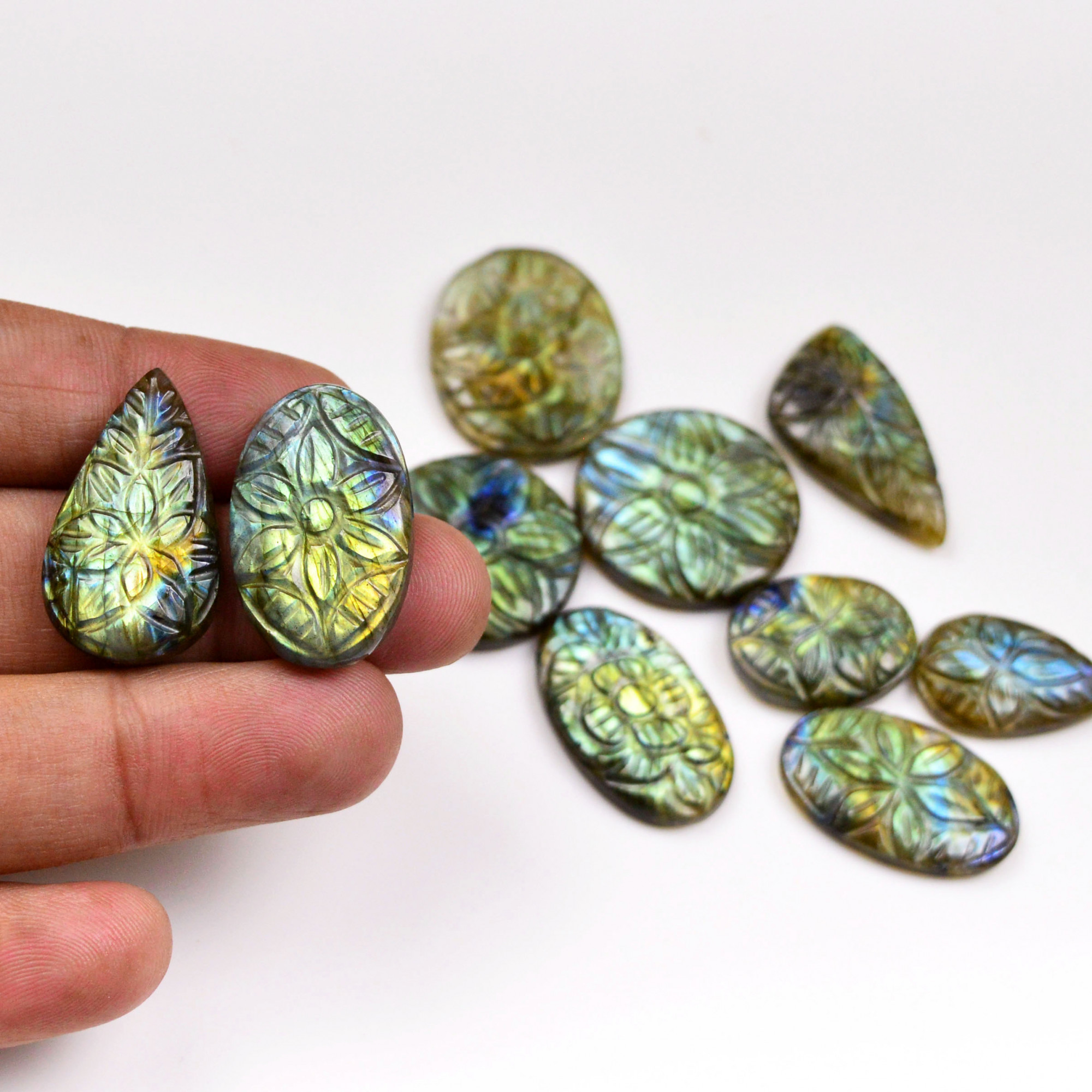 10 Pcs 172 Cts Natural Labradorite Mughal Carving Cabachon Lot For Jewelry Making 27x20 20x13mm 19945