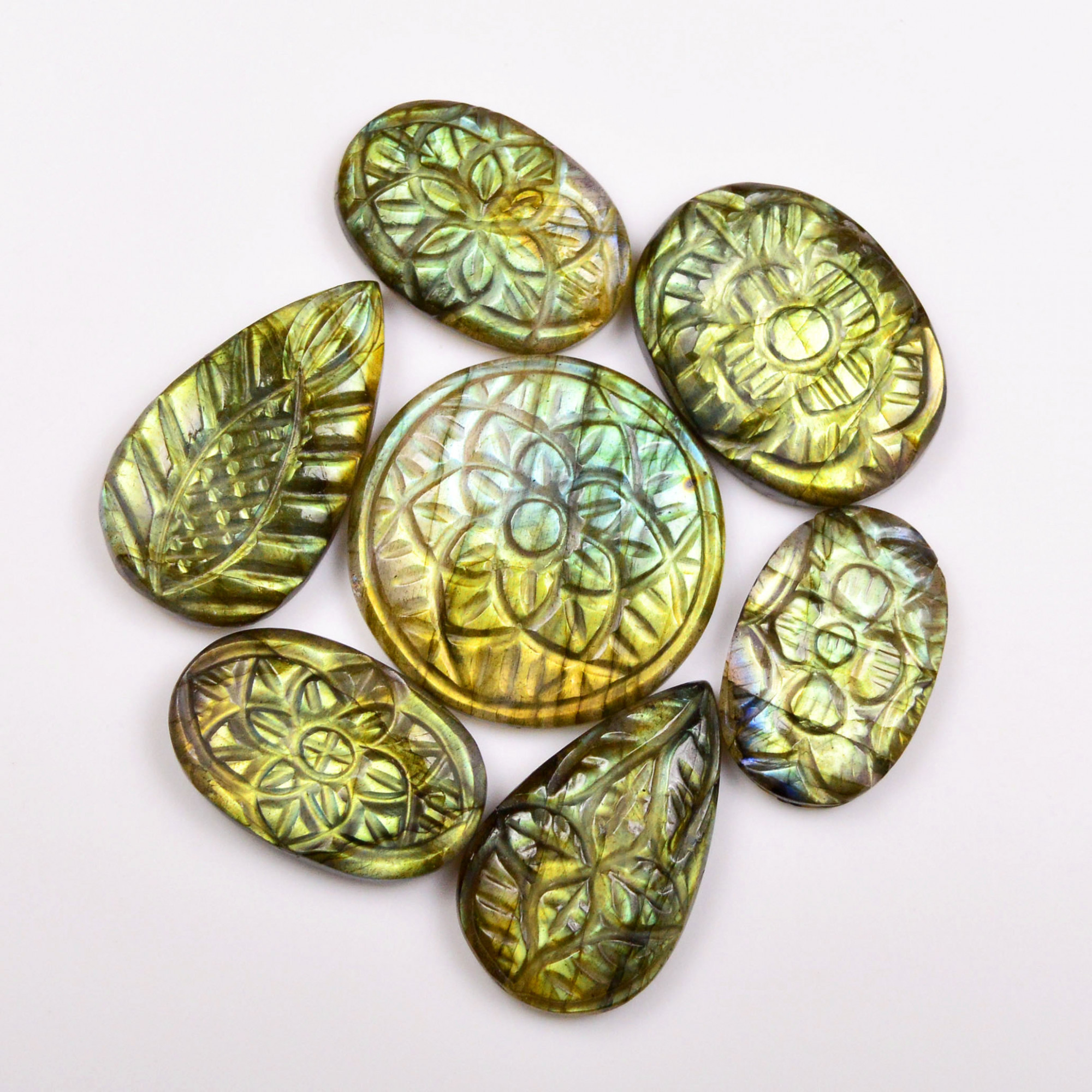 7 Pcs 106 Cts  Natural Labradorite Mughal Carving Cabachon Lot For Jewelry Making 24x24 19x13mm 19946