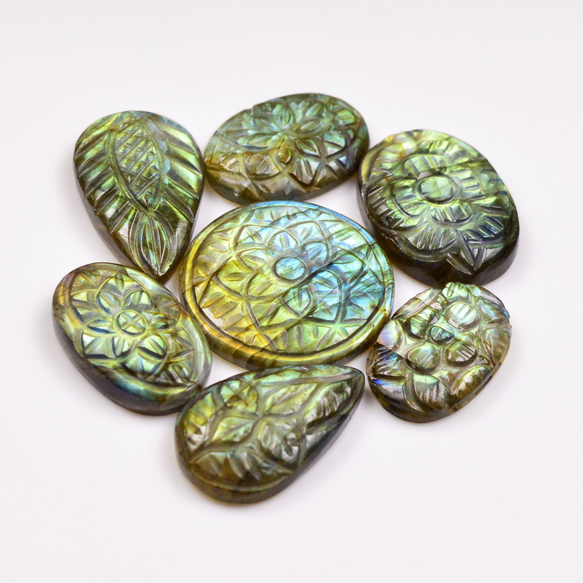 7 Pcs 106 Cts Natural Labradorite Mughal Carving Cabachon Lot For Jewelry Making 24x24 19x13mm 19946