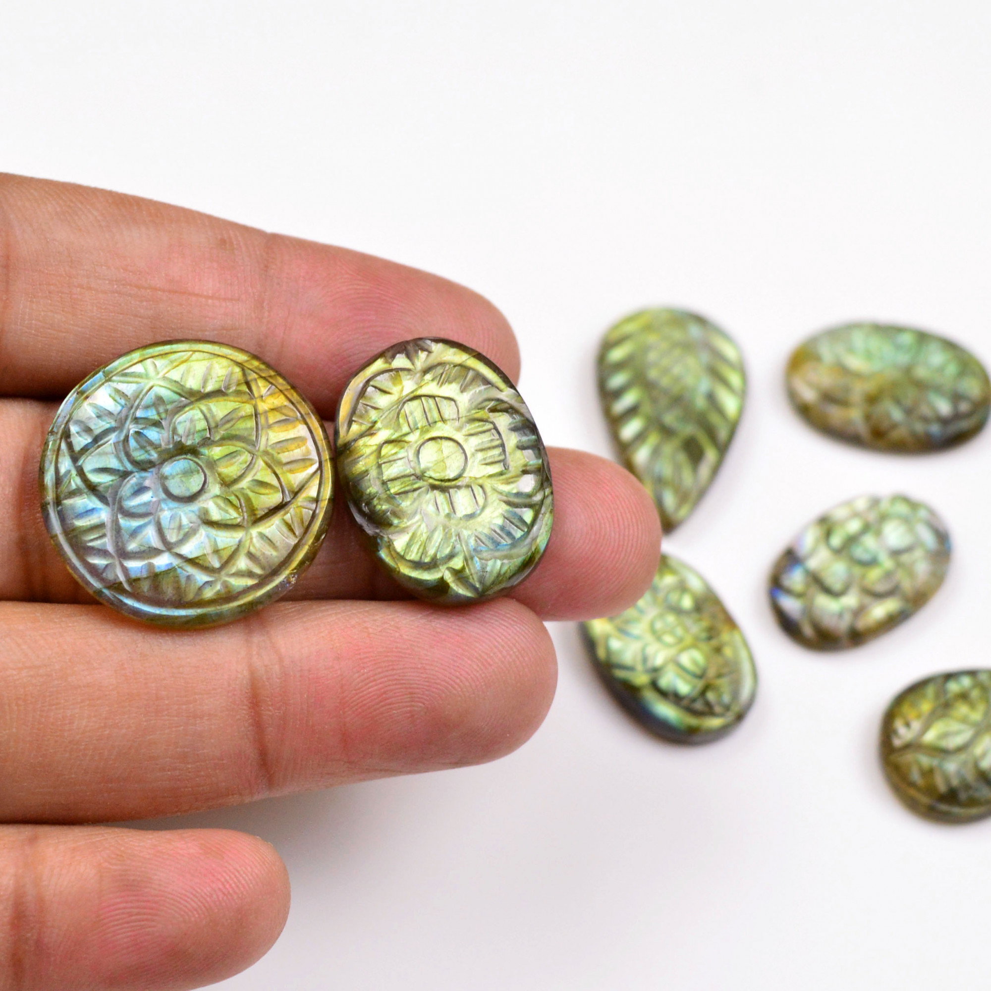 7 Pcs 106 Cts  Natural Labradorite Mughal Carving Cabachon Lot For Jewelry Making 24x24 19x13mm 19946