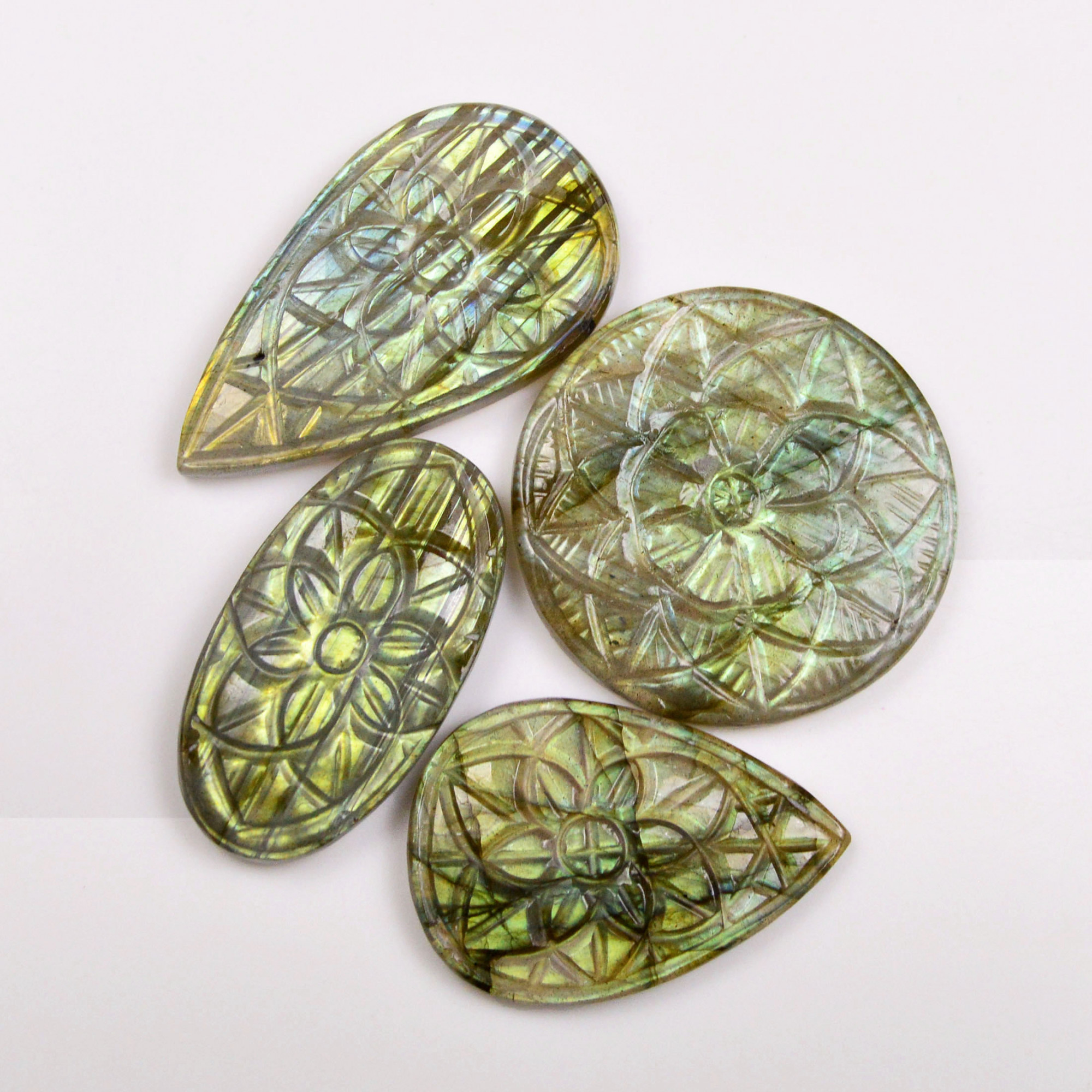 4 Pcs 124 Cts  Natural Labradorite Mughal Carving Cabachon Lot For Jewelry Making 37x21 32x17mm 19947
