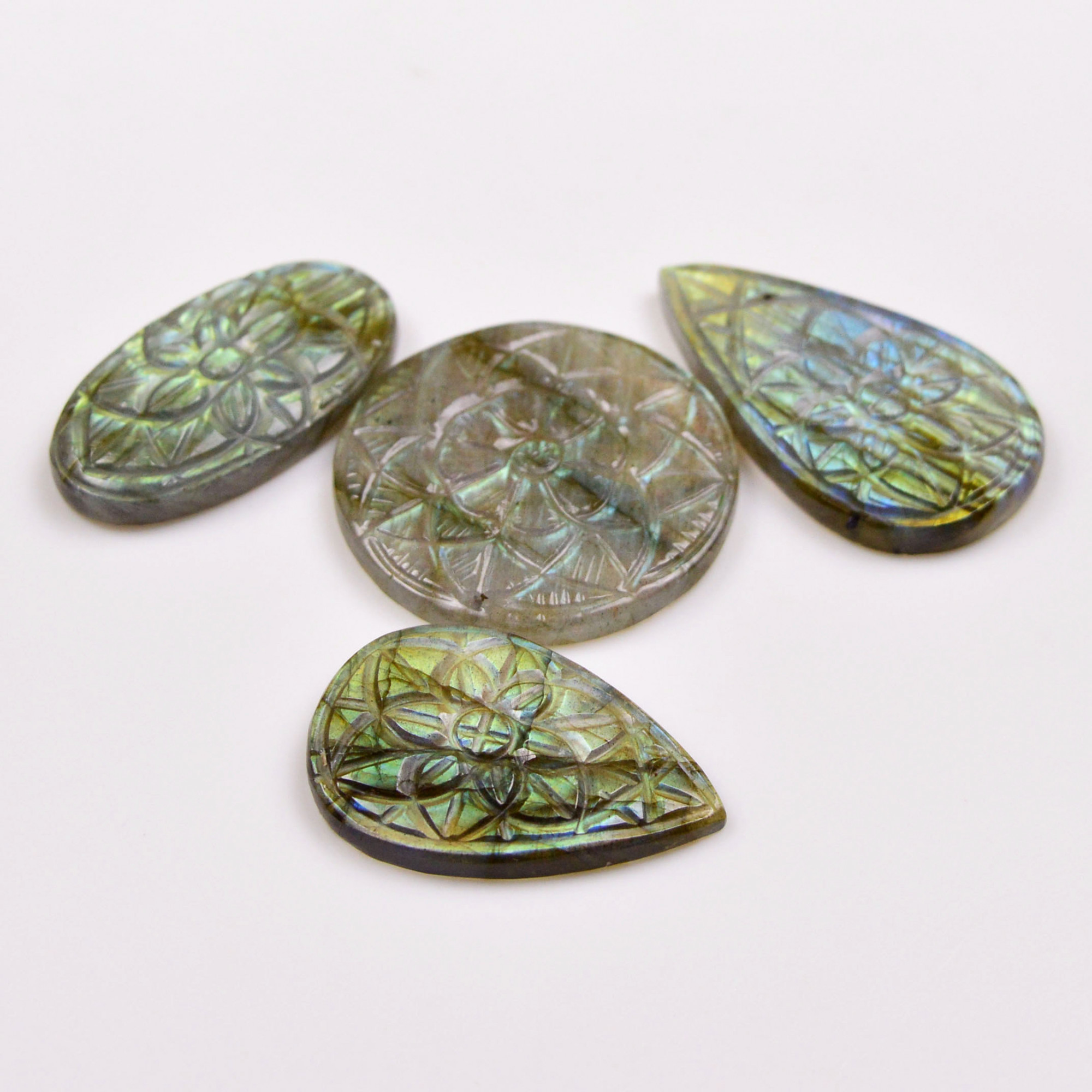 4 Pcs 124 Cts  Natural Labradorite Mughal Carving Cabachon Lot For Jewelry Making 37x21 32x17mm 19947