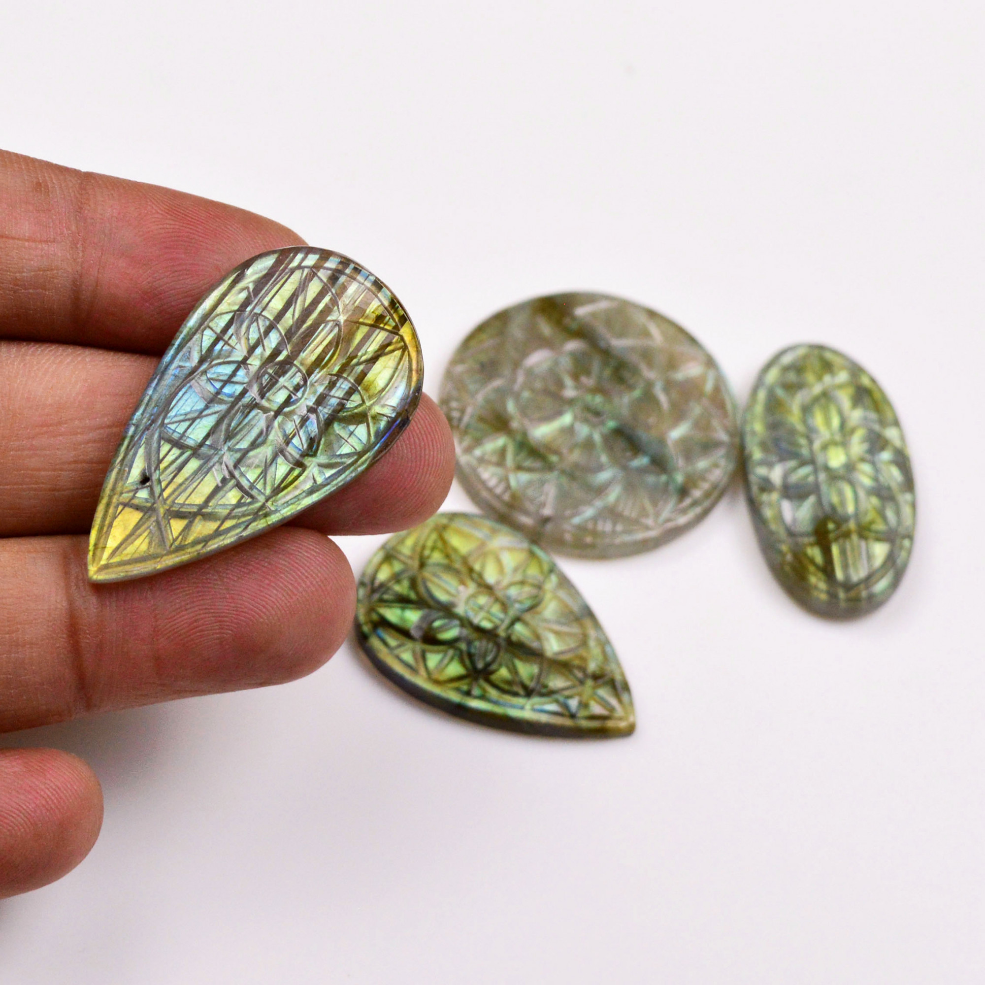 4 Pcs 124 Cts Natural Labradorite Mughal Carving Cabachon Lot For Jewelry Making 37x21 32x17mm 19947