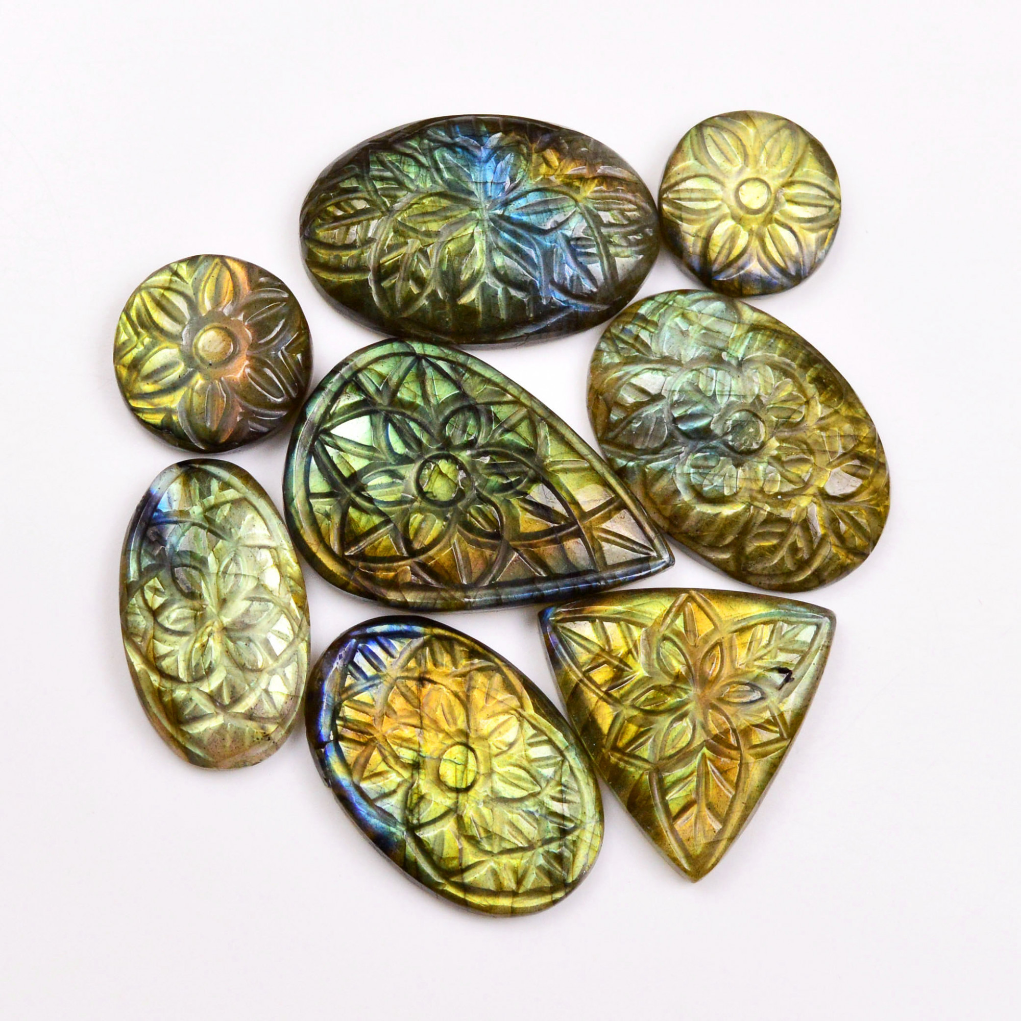 8 Pcs 160 Cts  Natural Labradorite Mughal Carving Cabachon Lot For Jewelry Making 31x20 15x15mm 19949