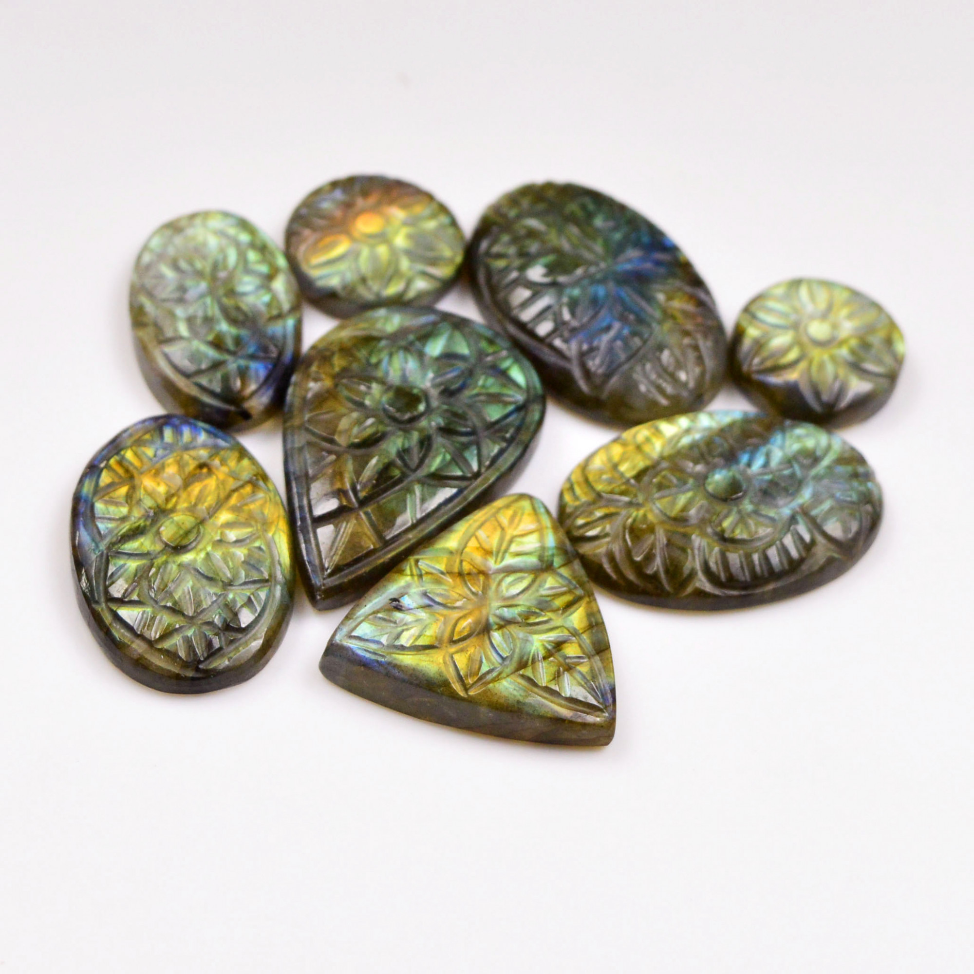 8 Pcs 160 Cts  Natural Labradorite Mughal Carving Cabachon Lot For Jewelry Making 31x20 15x15mm 19949